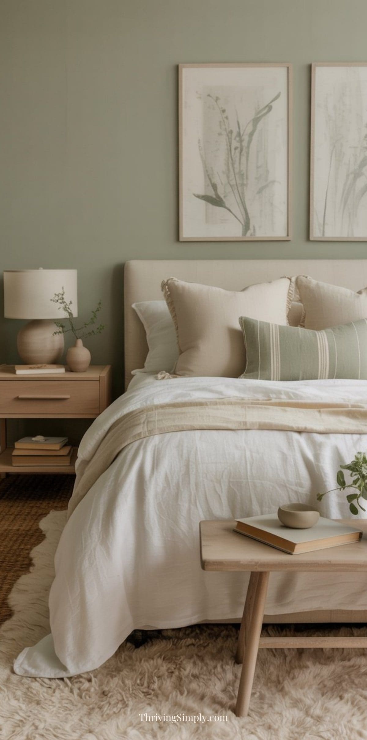 A cozy bedroom decor features a sage green accent wall, botanical artwork, a neatly made bed with neutral bedding, a wooden nightstand with lamp and vase, and a wooden bench with ceramic decor on a fluffy rug.