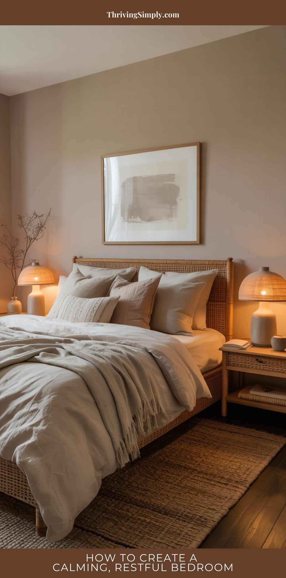 A cozy bedroom with a neatly made bed in neutral tones, soft pillows, rattan furniture, and glowing bedside lamps showcases thoughtful bedroom design for restful bedrooms. Soft natural light enhances the calm, soothing atmosphere perfect for sleep.