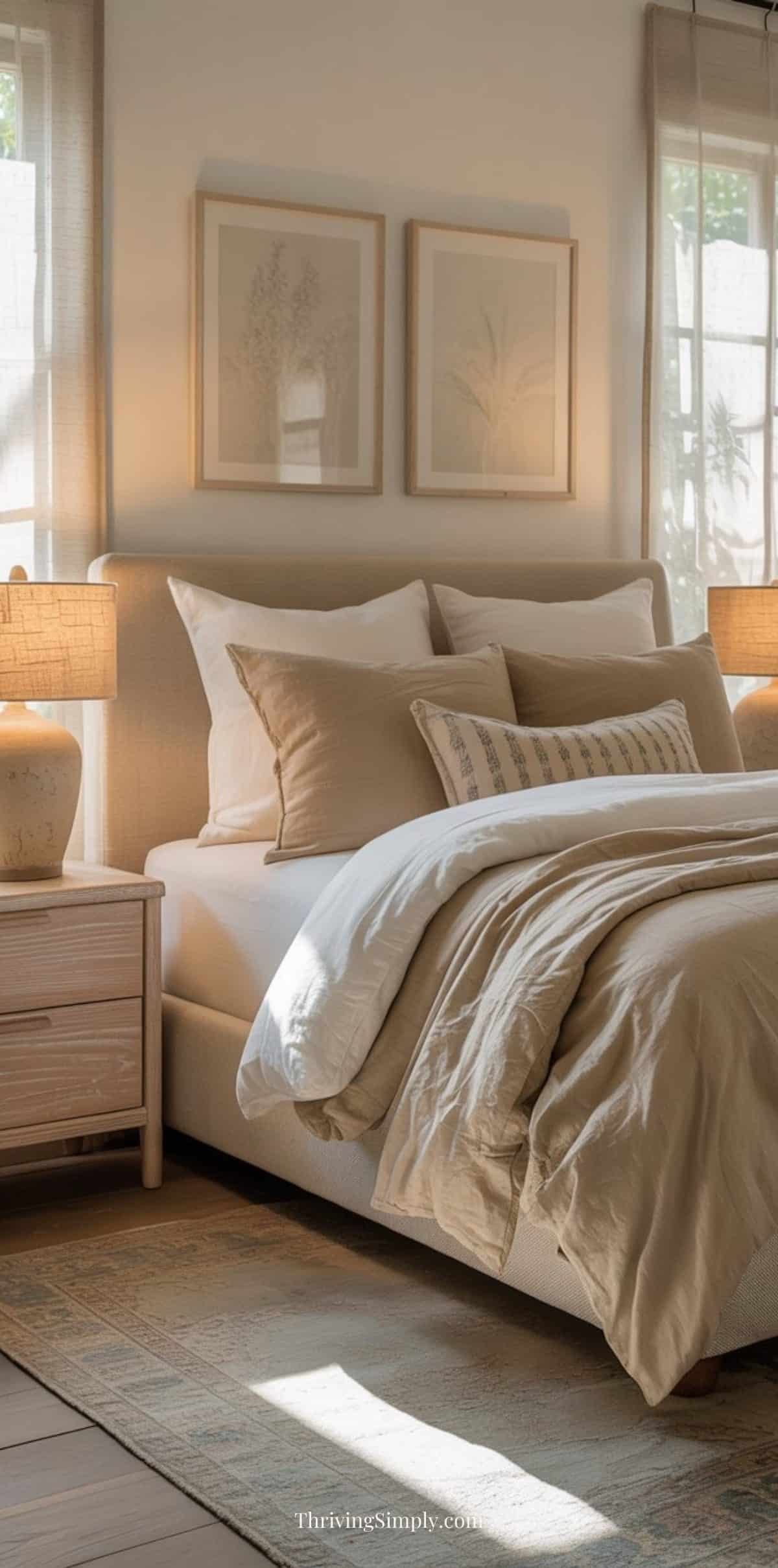 A cozy bedroom design with a neatly made bed featuring beige bedding, two matching bedside tables with lamps, soft natural light from large windows, and framed botanical prints creates an inviting sleep environment.