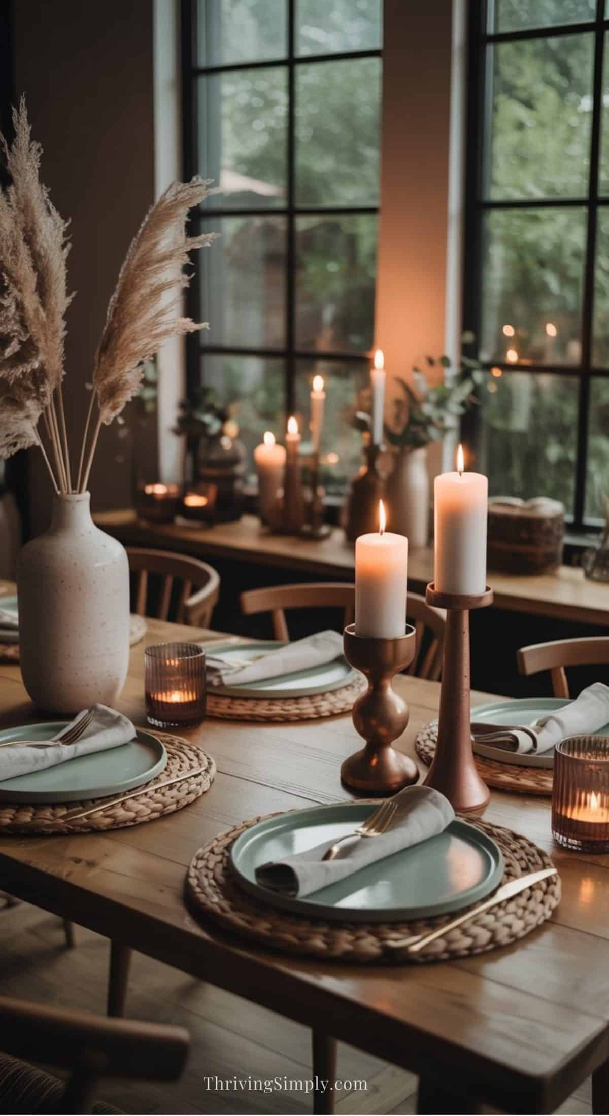 A cozy dining table set with woven placemats, plates, folded napkins, and candle holders with lit candles offers design ideas to soften a space—accented by pampas grass and natural light in this inviting earthy home.