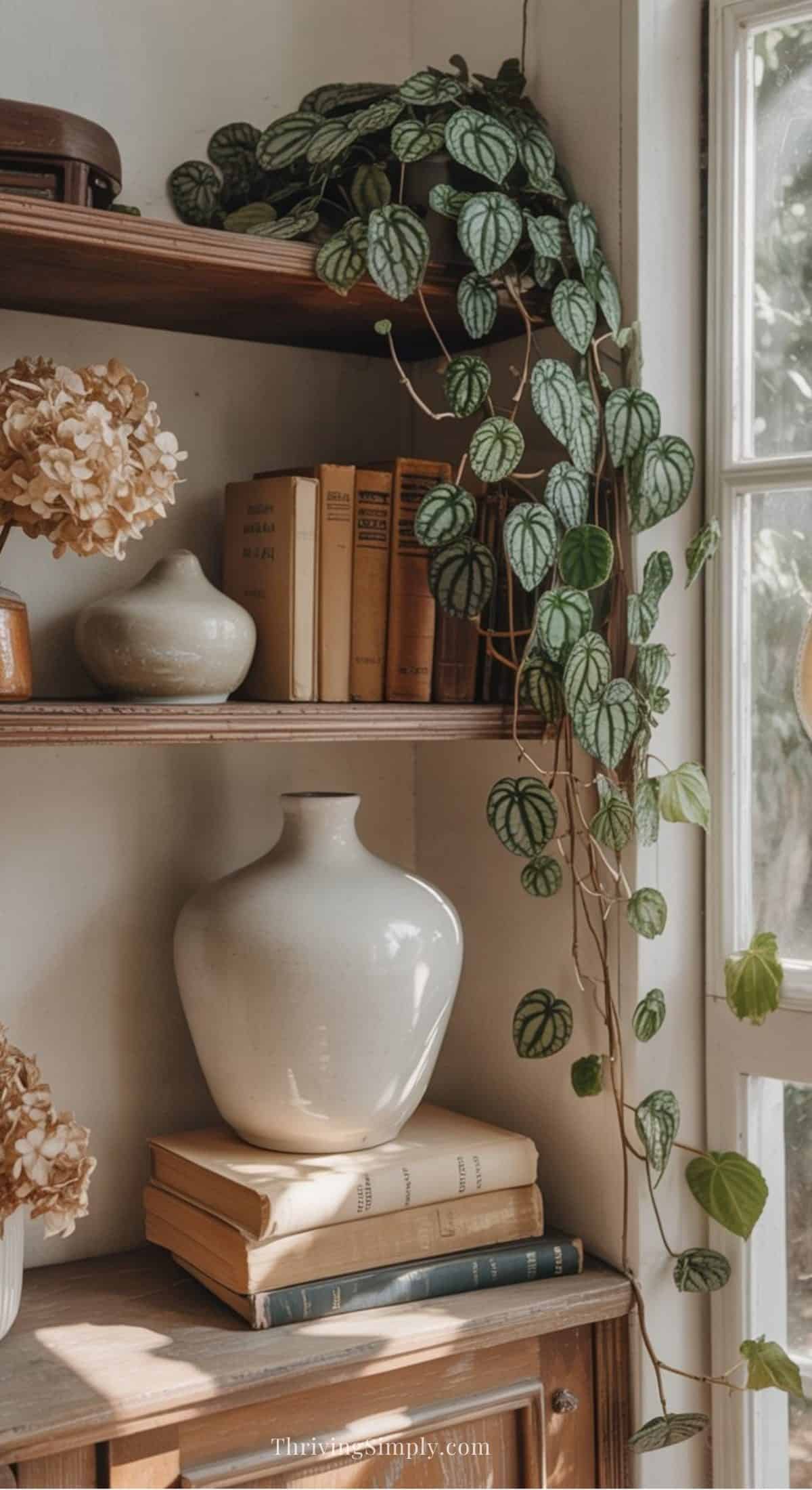 A white vase sits on stacked books atop a wooden shelf, next to dried flowers and a trailing green vine. Sunlight streams in through a nearby window, offering warm design ideas to soften a space and create an inviting, earthy homes vibe.