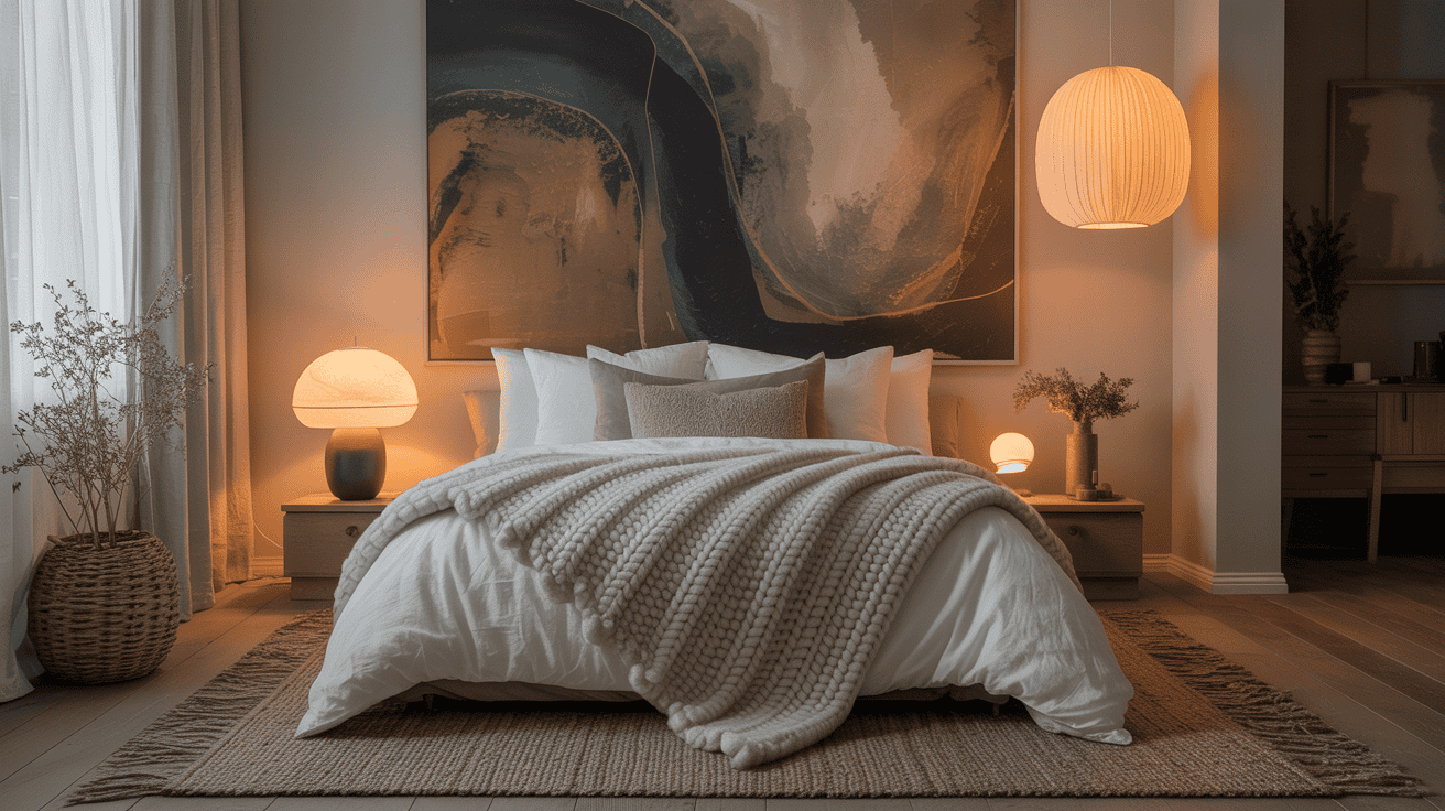 A cozy bedroom with a neatly made bed, white bedding, and a chunky knit throw blanket offers restful bedroom inspiration. Soft warm lighting, abstract artwork, and natural decor elements create a calm, inviting Hygge bedroom atmosphere.