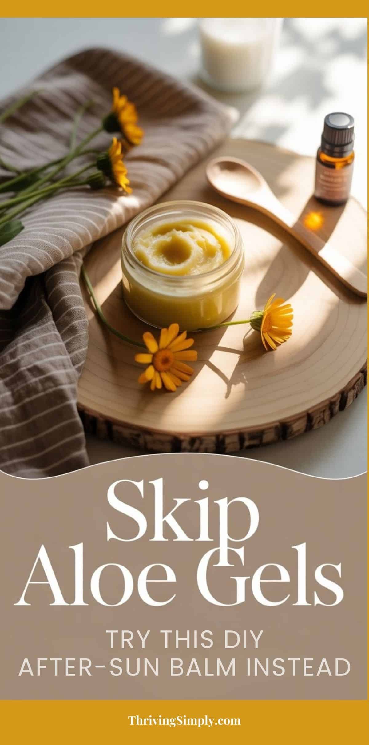 A jar of homemade Tallow After-Sun Balm sits on a wooden tray with yellow flowers, a brown-striped cloth, and a small essential oil bottle. Text reads, Skip Aloe Gels. Try This DIY Sun-Kissed Soother Instead. ThrivingSimply.com.