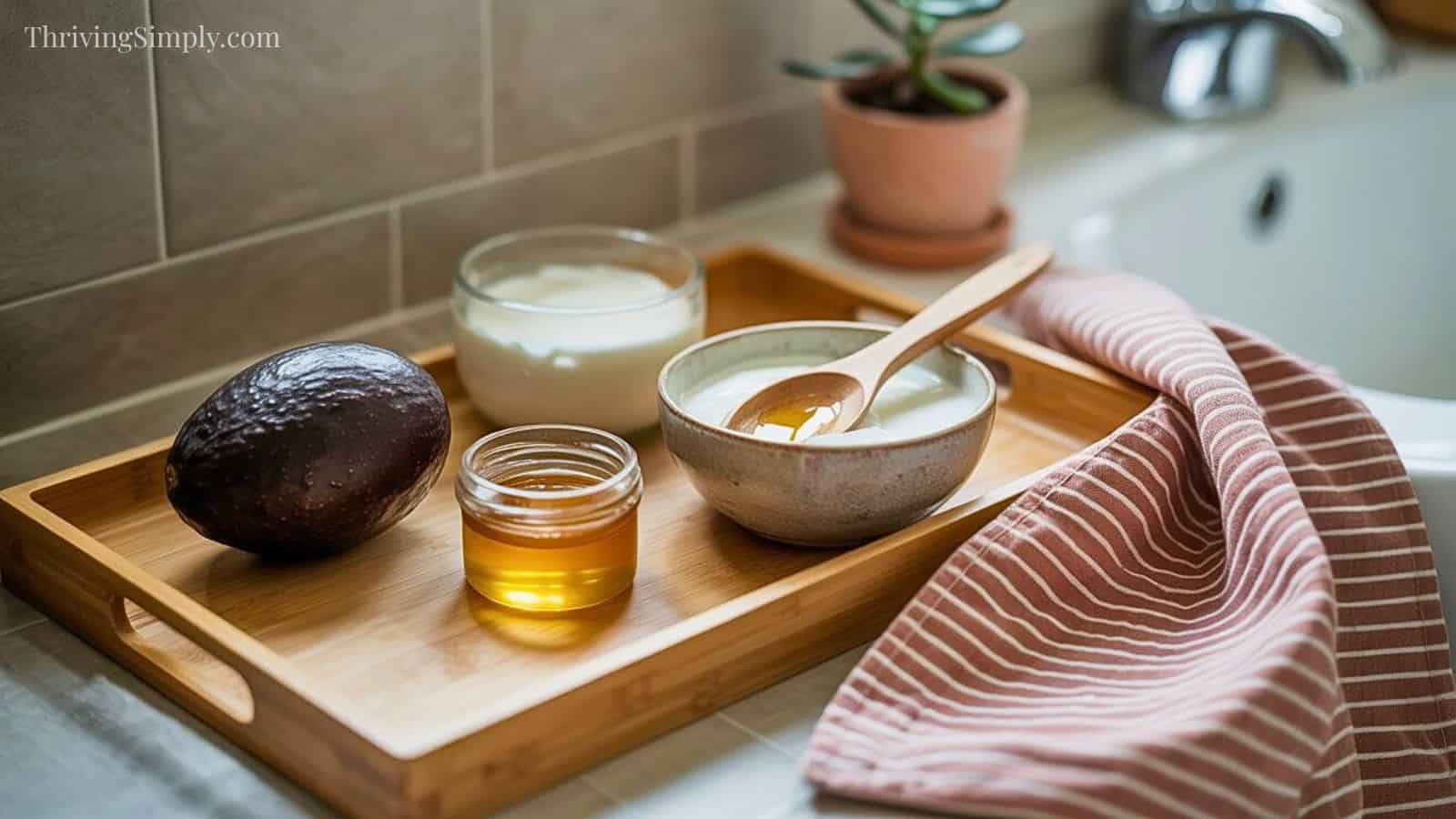 A wooden tray holds an avocado, a small jar of honey, a glass bowl of yogurt, and a ceramic bowl with a wooden spoon—perfect ingredients for DIY hair masks to nourish dry hair. A striped cloth and potted plant sit nearby on the kitchen counter.