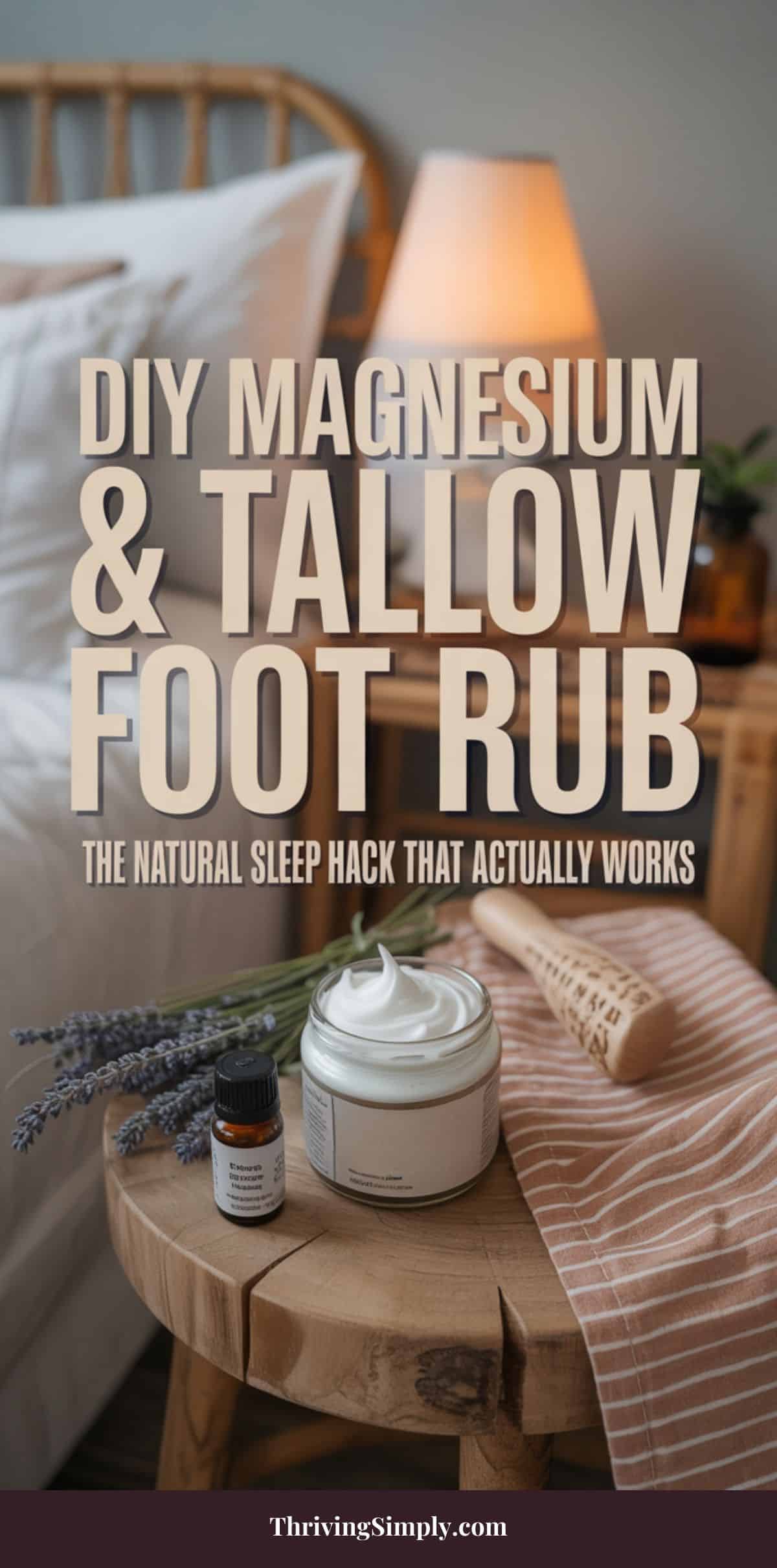 A cozy bedside table with a jar of Tallow Foot Rub, an essential oil bottle, lavender sprigs, a wooden massage tool, and a lamp. Text reads: “DIY Magnesium & Tallow Foot Rub: The natural sleepy time hack that actually works.”.