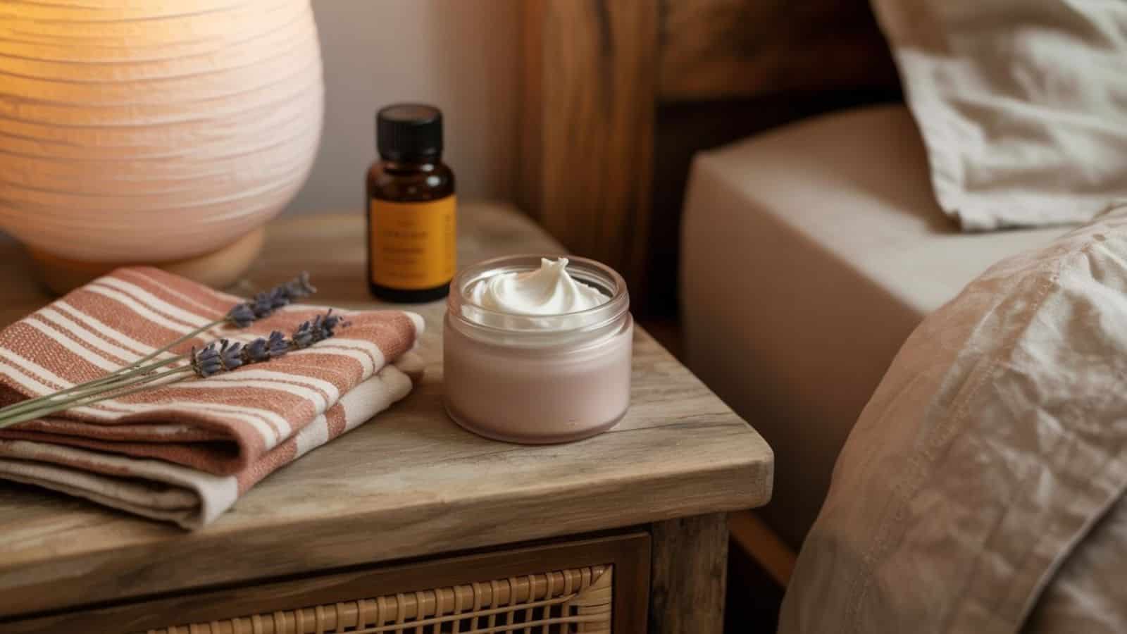 A bedside table with a jar of Sleepy Time Tallow Foot Rub, folded striped towels, sprigs of lavender, a small bottle of magnesium, and a glowing lamp next to a bed with beige bedding.