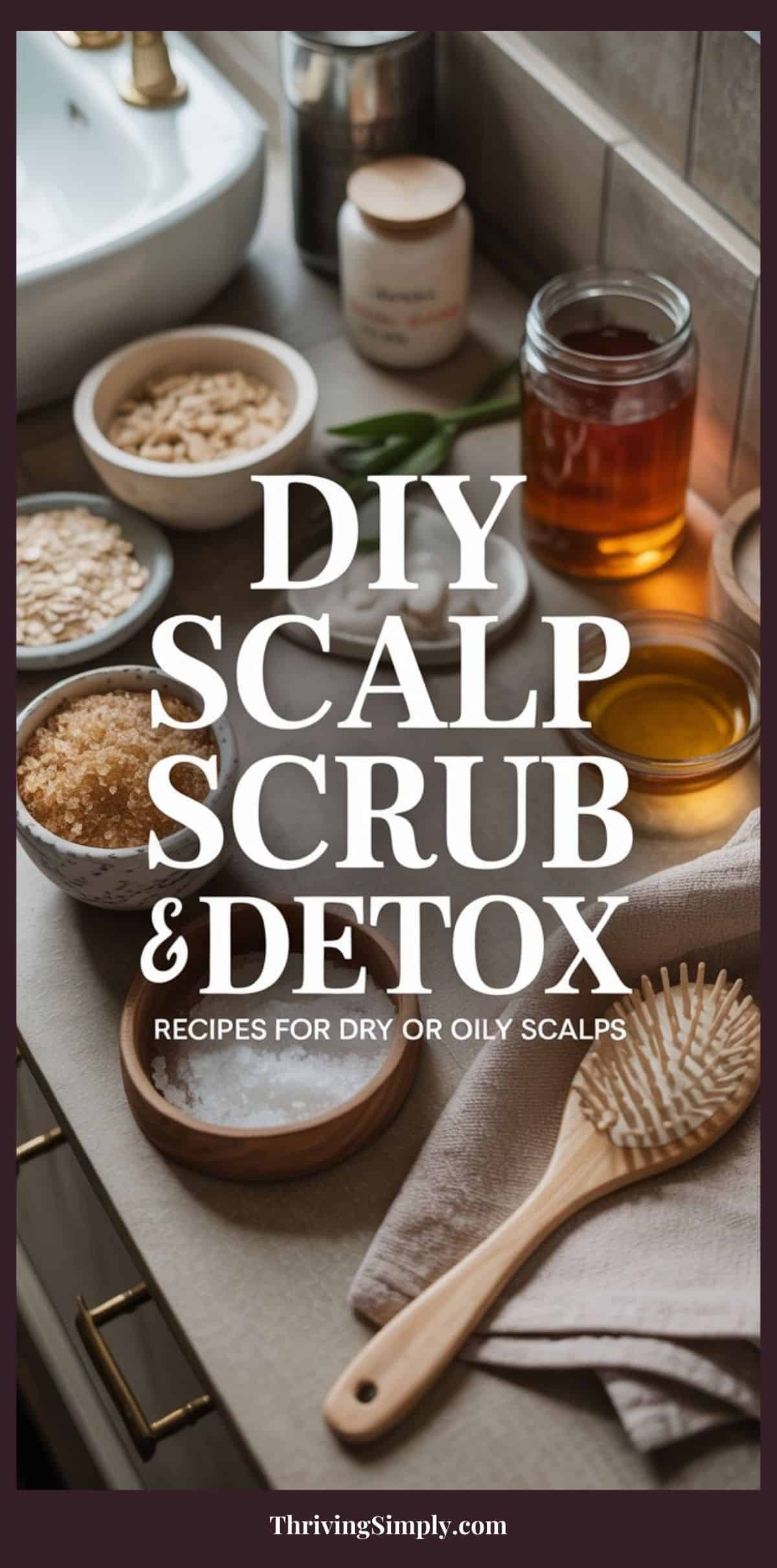 A countertop displays ingredients like honey, oil, and brown sugar in bowls and jars, with a wooden hairbrush and natural bristle brush. Overlay text reads, DIY Scalp Scrub & Detox. Banish buildup with recipes for dry or oily scalps.