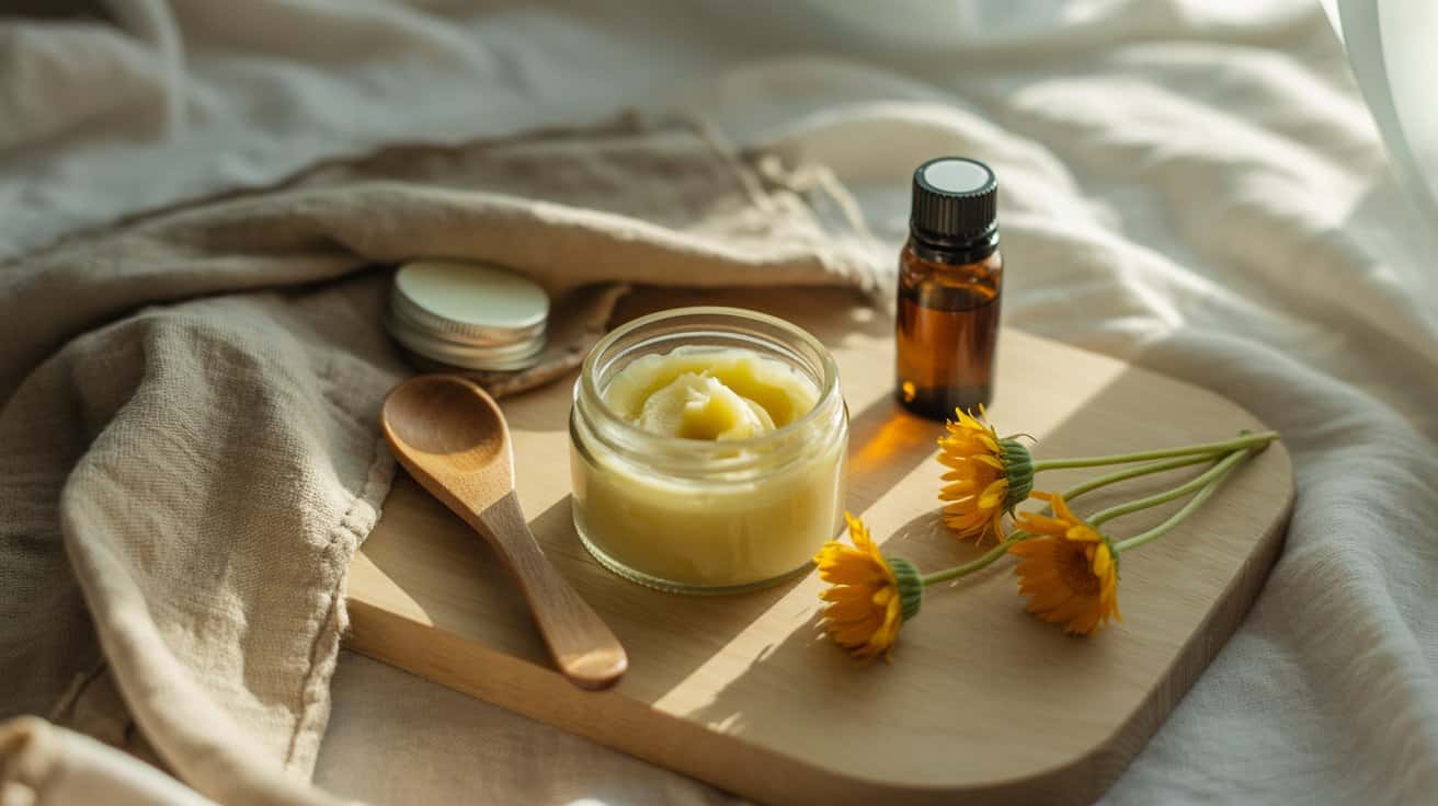 A glass jar of creamy tallow after-sun balm, an amber dropper bottle, wooden spoon, and yellow flowers rest on a wooden board atop beige fabric, softly lit by natural sunlight.