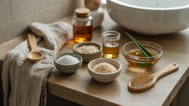 A wooden bathroom counter with bowls of oats, sugar, and salt, a jar of honey, a small glass of oil, an aloe vera leaf bowl, a wooden spoon, hairbrush, and beige towel—all you need for scalp detox and to refresh tired hair.