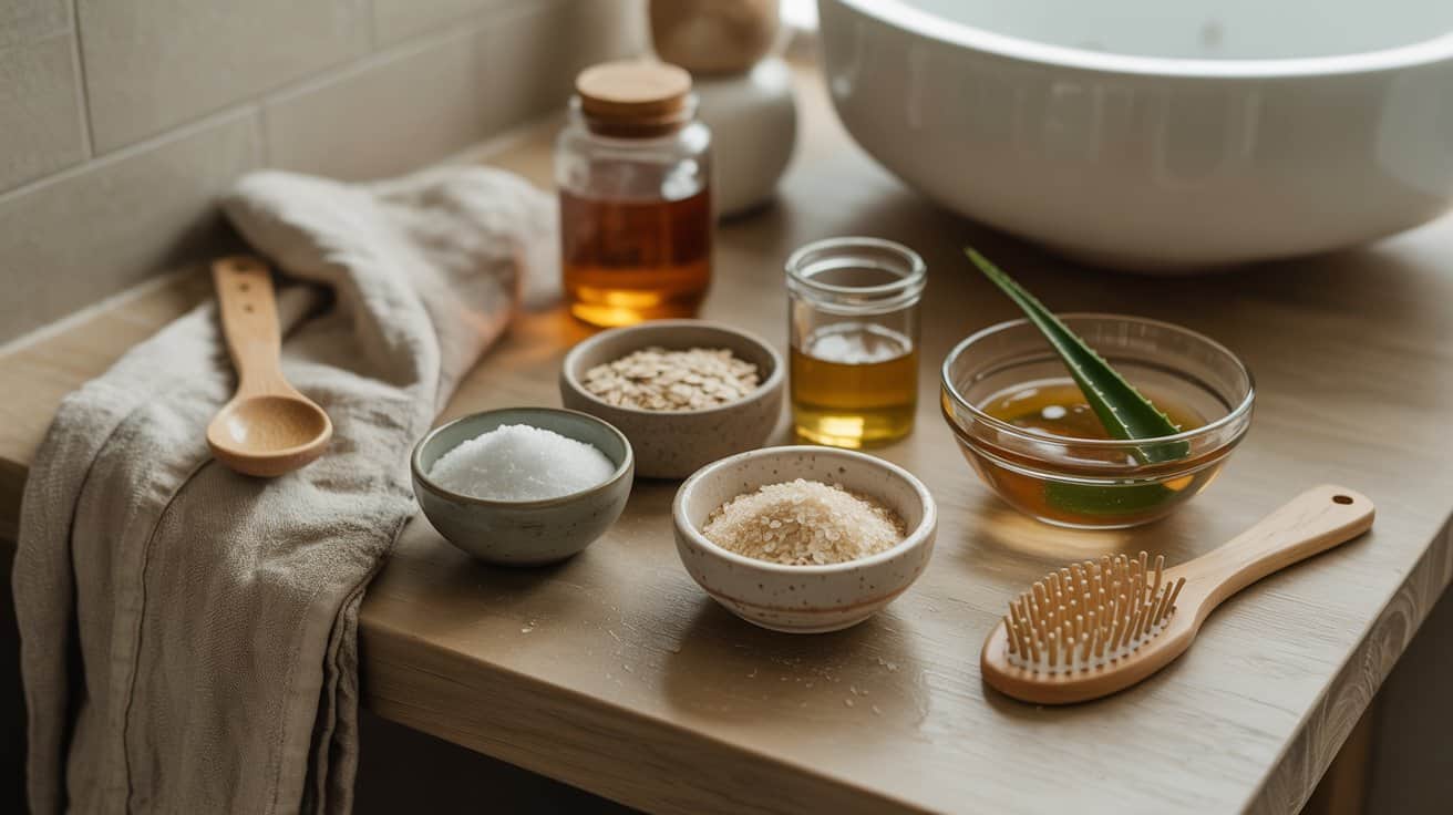 A wooden bathroom counter with bowls of oats, sugar, and salt, a jar of honey, a small glass of oil, an aloe vera leaf bowl, a wooden spoon, hairbrush, and beige towel—all you need for scalp detox and to refresh tired hair.