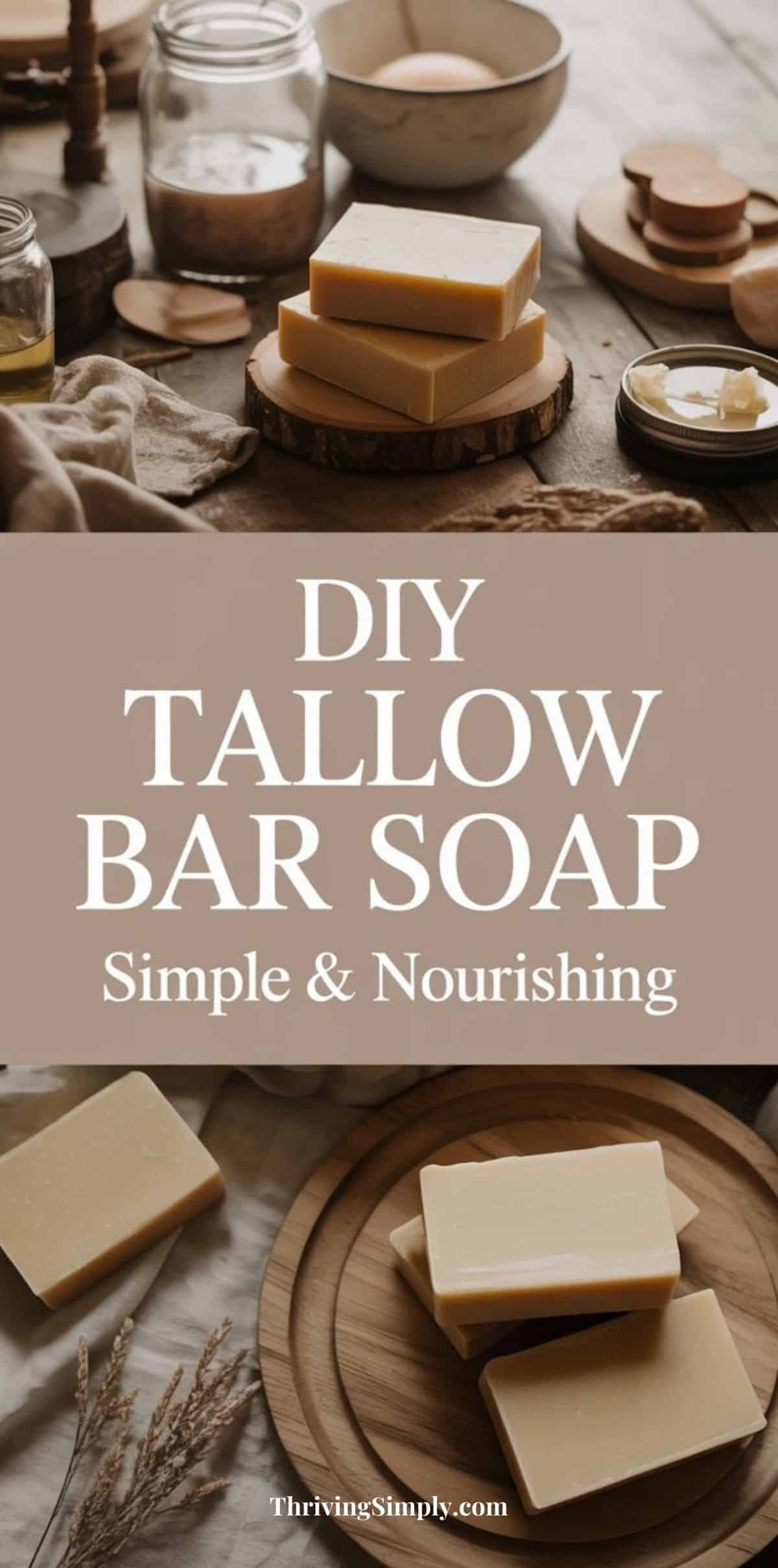 Bars of homemade tallow soap are displayed on wooden trays, surrounded by natural ingredients, jars, and bowls. The text overlay reads: DIY Tallow Bar Soap - Simple & Nourishing. Perfect for anyone seeking nourishing, homemade soap with simple ingredients.