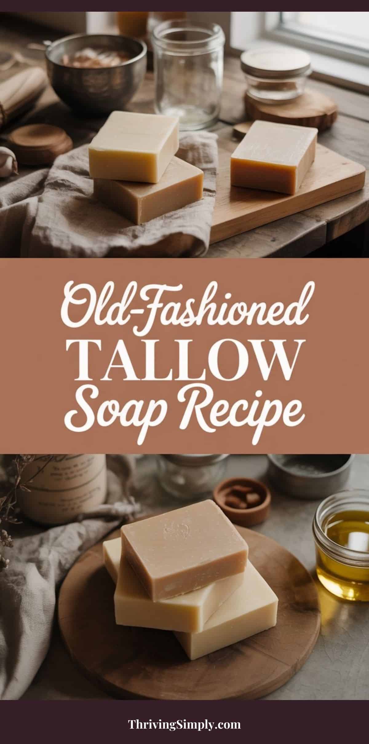 Two images of handmade tallow bar soap on cutting boards and cloths, with wooden bowls and glass jars nearby. The text in the center reads Old-Fashioned Tallow Soap Recipe—perfect for anyone wanting to make tallow soap at home.