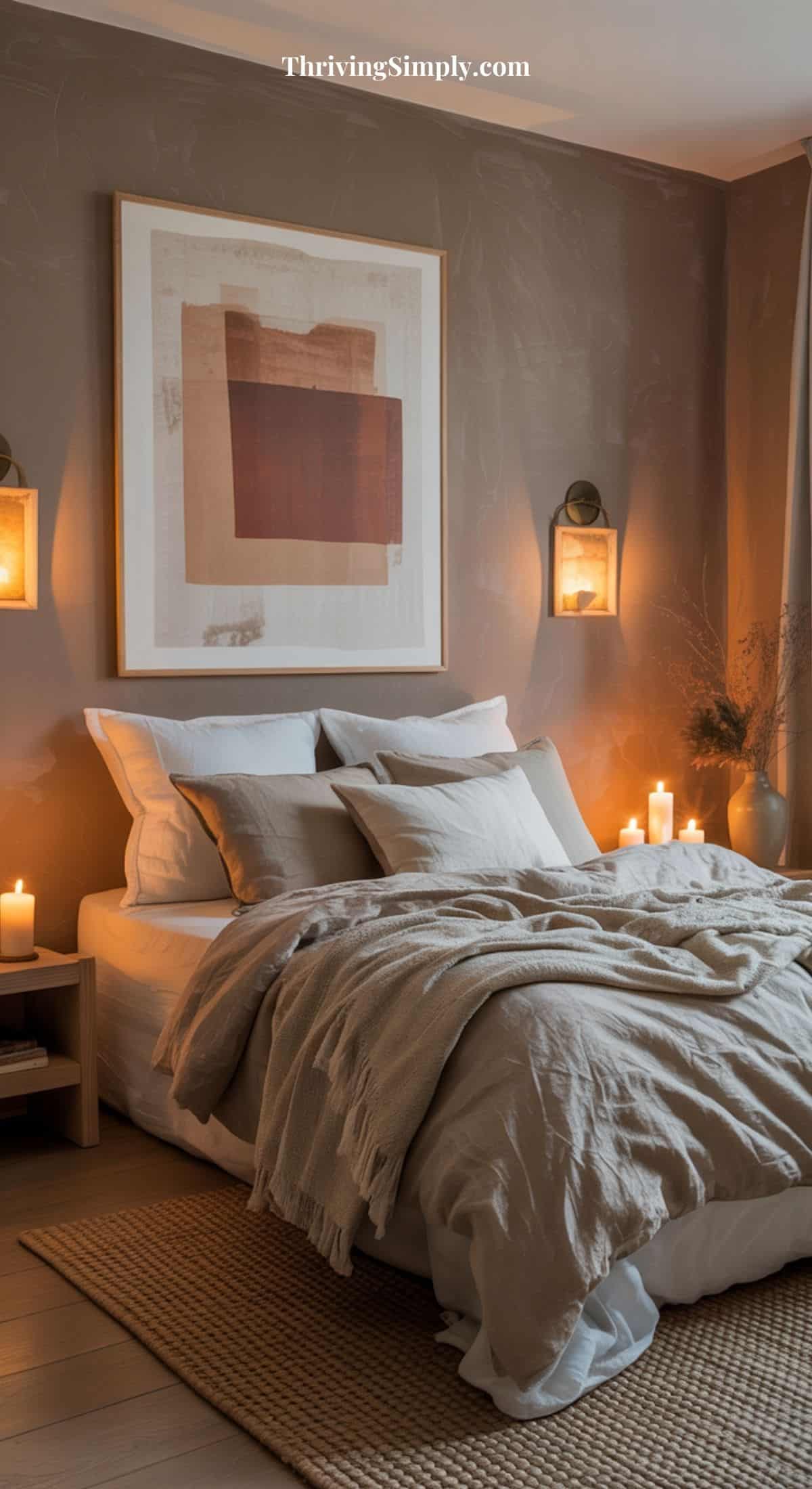 A cozy bedroom with neutral bedding, soft pillows, lit candles, wall art above the bed, warm lighting, and a woven rug on the floor—perfect Hygge bedroom ideas for a calm and inviting atmosphere.
