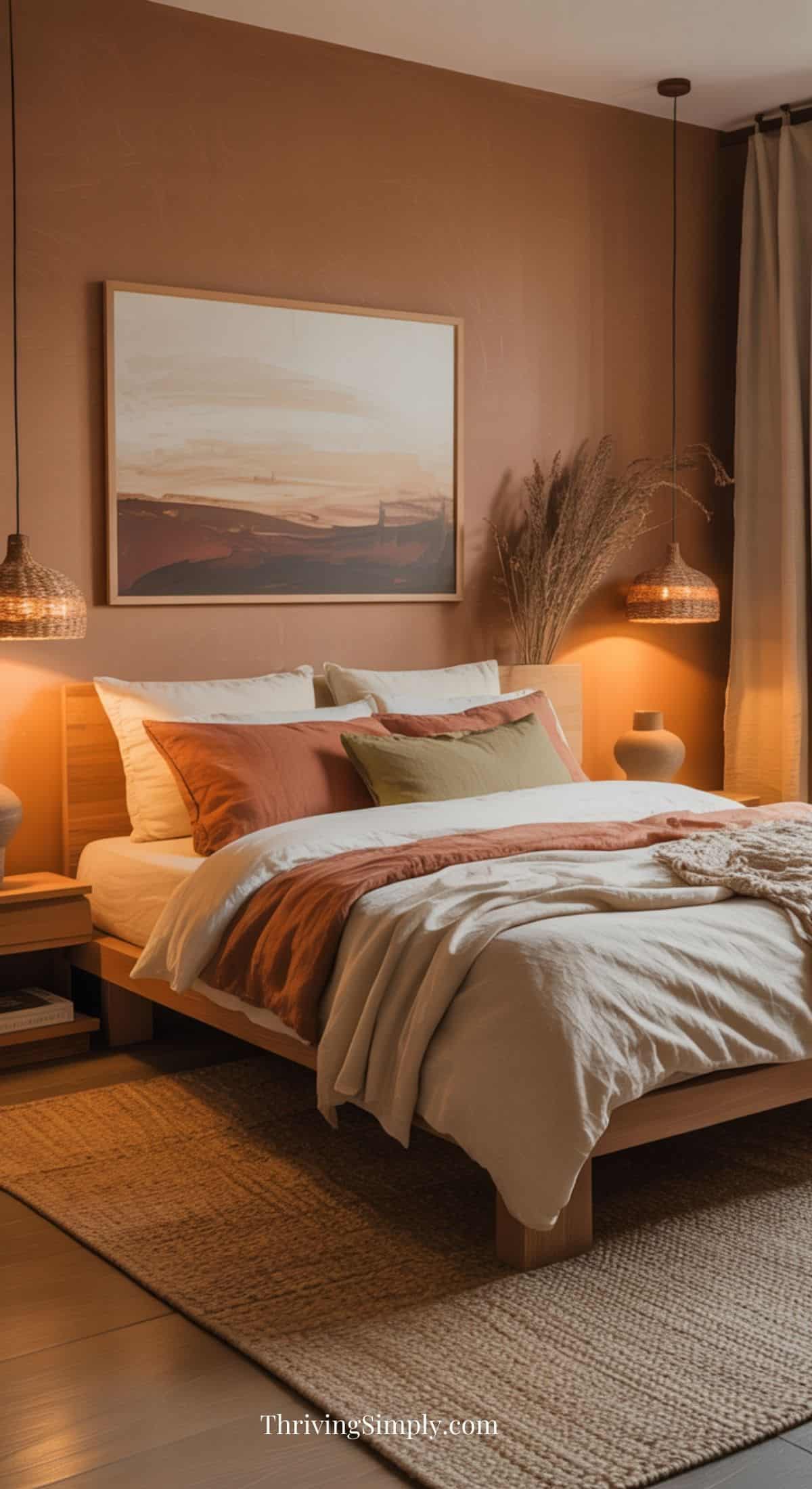 A cozy bedroom with a wooden bed, earth-toned bedding, woven rug, pendant lights, a landscape painting, and dried plants—perfect for restful bedroom vibes inspired by Hygge bedroom ideas.