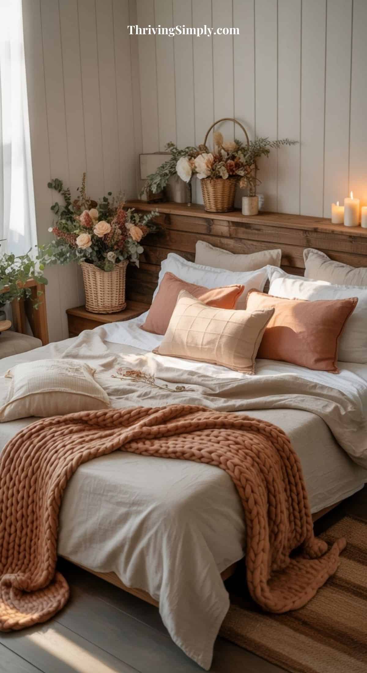 A restful Hygge bedroom with a made bed featuring beige and blush pillows, a chunky knit blanket, baskets of flowers, and candles on a wooden headboard shelf. Warm natural light fills the softly decorated space.