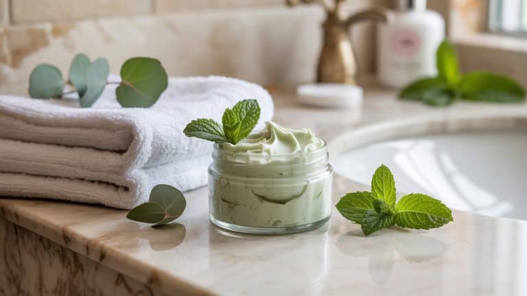 A glass jar of light green body butter with mint leaves sits on a marble bathroom counter near a faucet, next to folded white towels and soothing eucalyptus leaves.