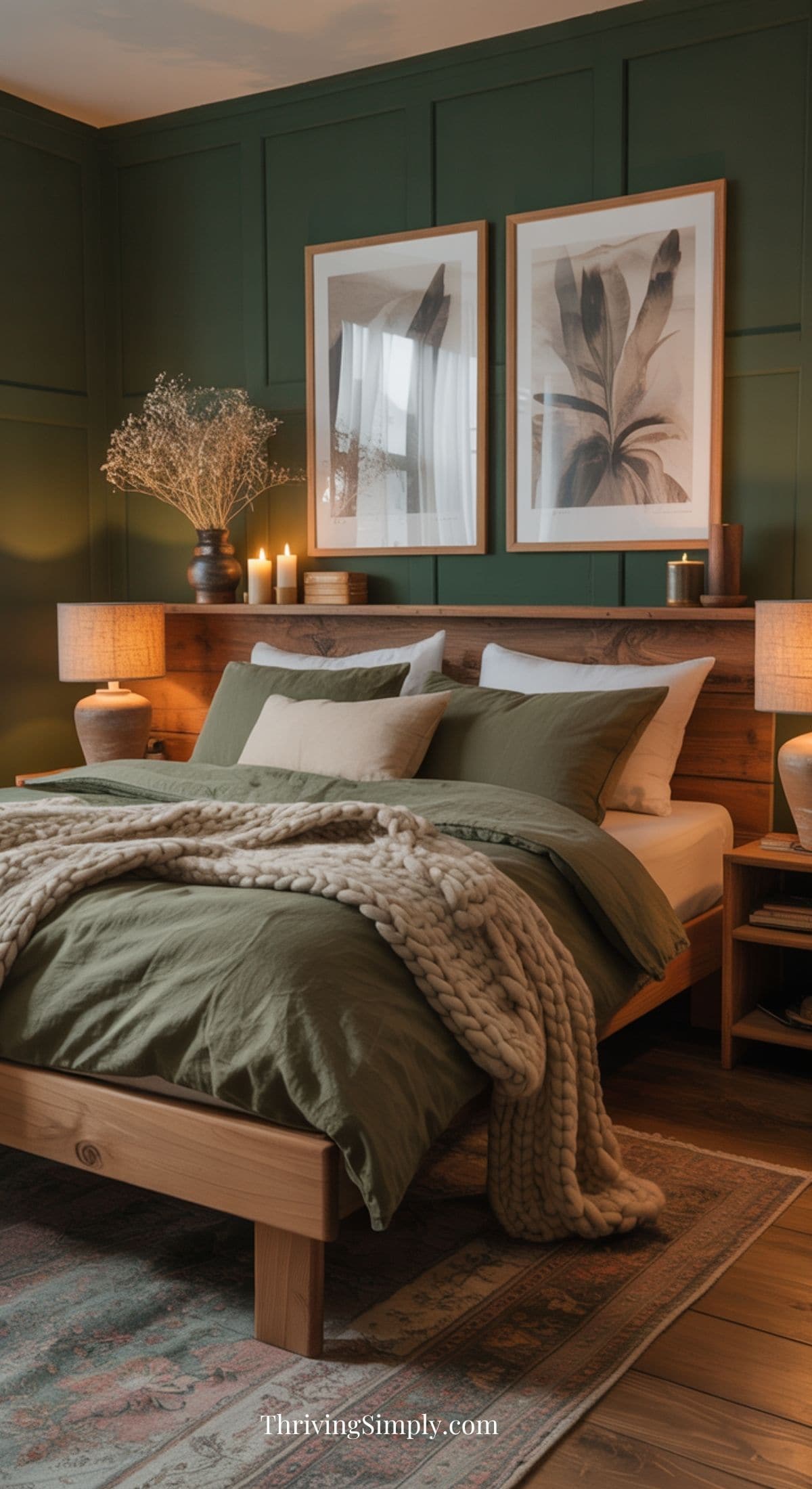 A restful bedroom with a green accent wall, wooden bed frame, green bedding, chunky knit throw, bedside tables with lamps, candles, dried flowers, and two framed botanical prints above the bed creates a true Hygge bedroom sanctuary.