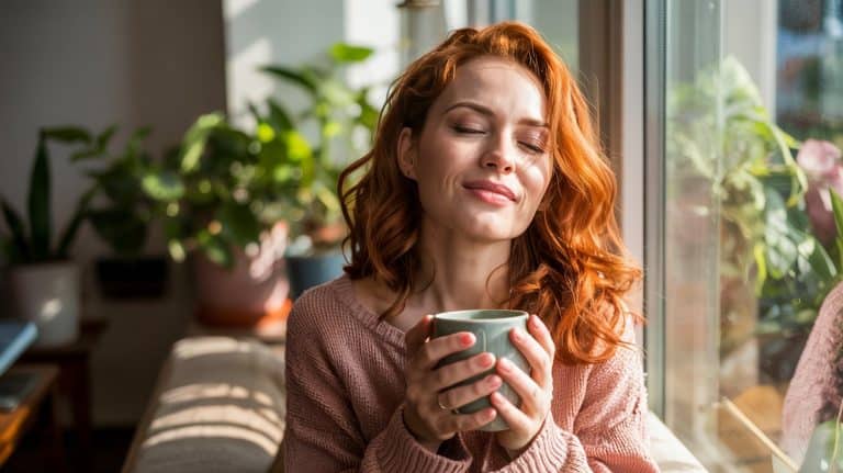 A woman with red hair sits by a sunlit window, eyes closed and smiling, holding a mug with both hands. She appears relaxed and content, taking a moment to slow down, surrounded by green potted plants indoors.