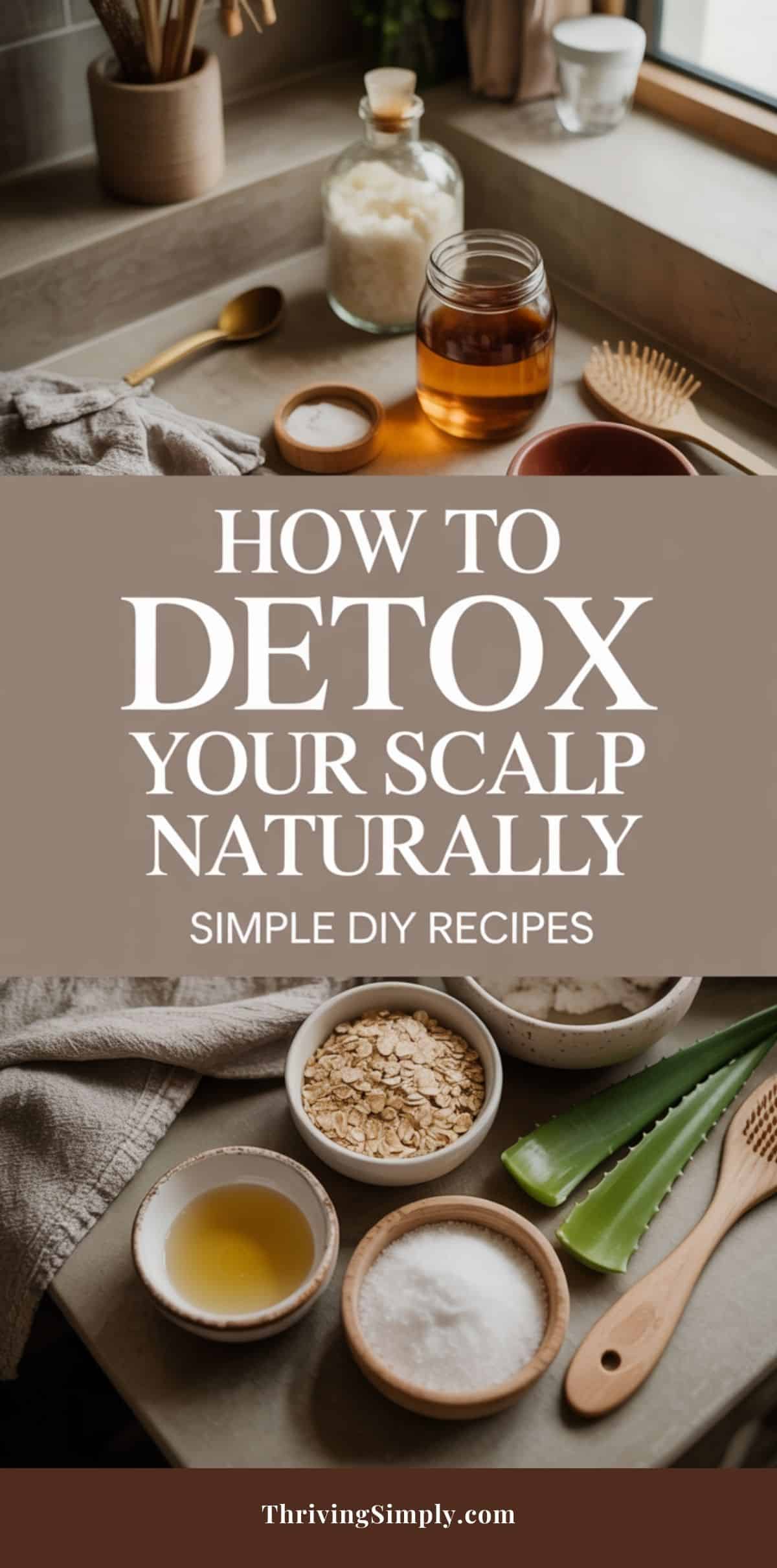 A countertop with natural ingredients like honey, oats, salt, aloe vera, and wooden utensils. Text overlay reads: How to detox your scalp naturally and combat hair buildup: Simple DIY recipes. ThrivingSimply.com.