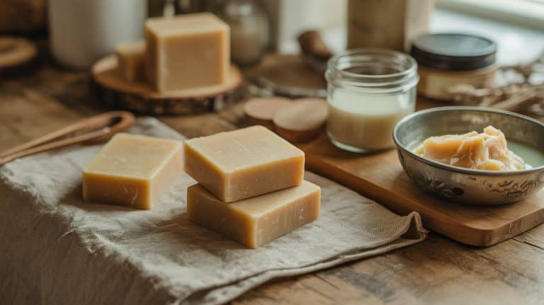 Three handmade tallow bar soaps are stacked on a beige cloth with other bars, a glass jar of liquid, and a bowl with creamy substance on a rustic wooden table—a cozy, sunlit setting perfect to inspire your next DIY tallow soap project.