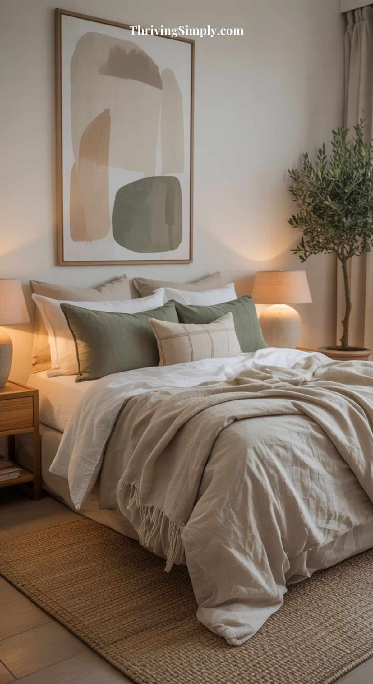 A restful bedroom with a cozy, neatly made bed featuring beige and green pillows and a light blanket sits in a softly lit space. Bedside tables with lamps, a woven rug, potted plant, and abstract art complete this Hygge bedroom retreat.