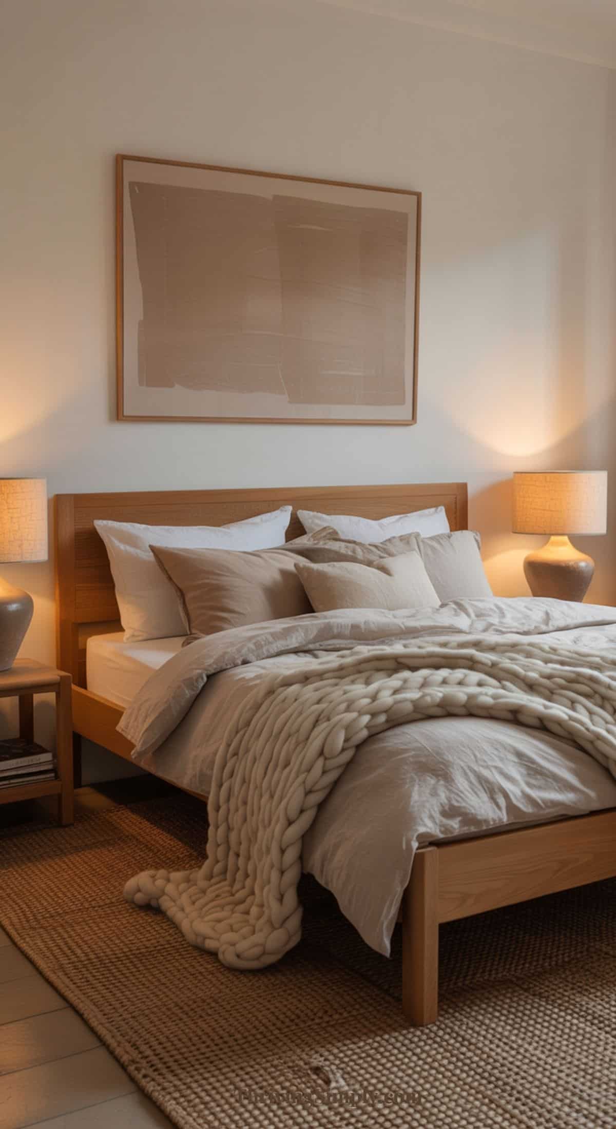 A cozy bedroom with a wooden bed, neutral bedding, a chunky knit blanket, and bedside tables with lamps. A woven rug and large abstract artwork add style—perfect for hygge bedroom inspiration. Warm lighting creates a calm, inviting atmosphere.