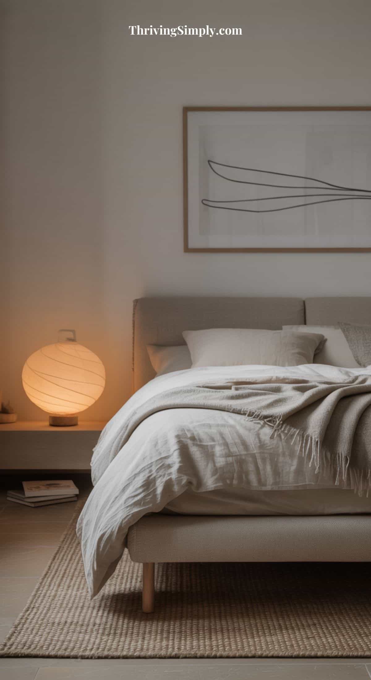 Minimalist hygge bedroom with a beige bed, neutral bedding, textured rug, glowing round lamp on the bedside table, and abstract wall art above the headboard. Calm, cozy ambiance perfect for rest.