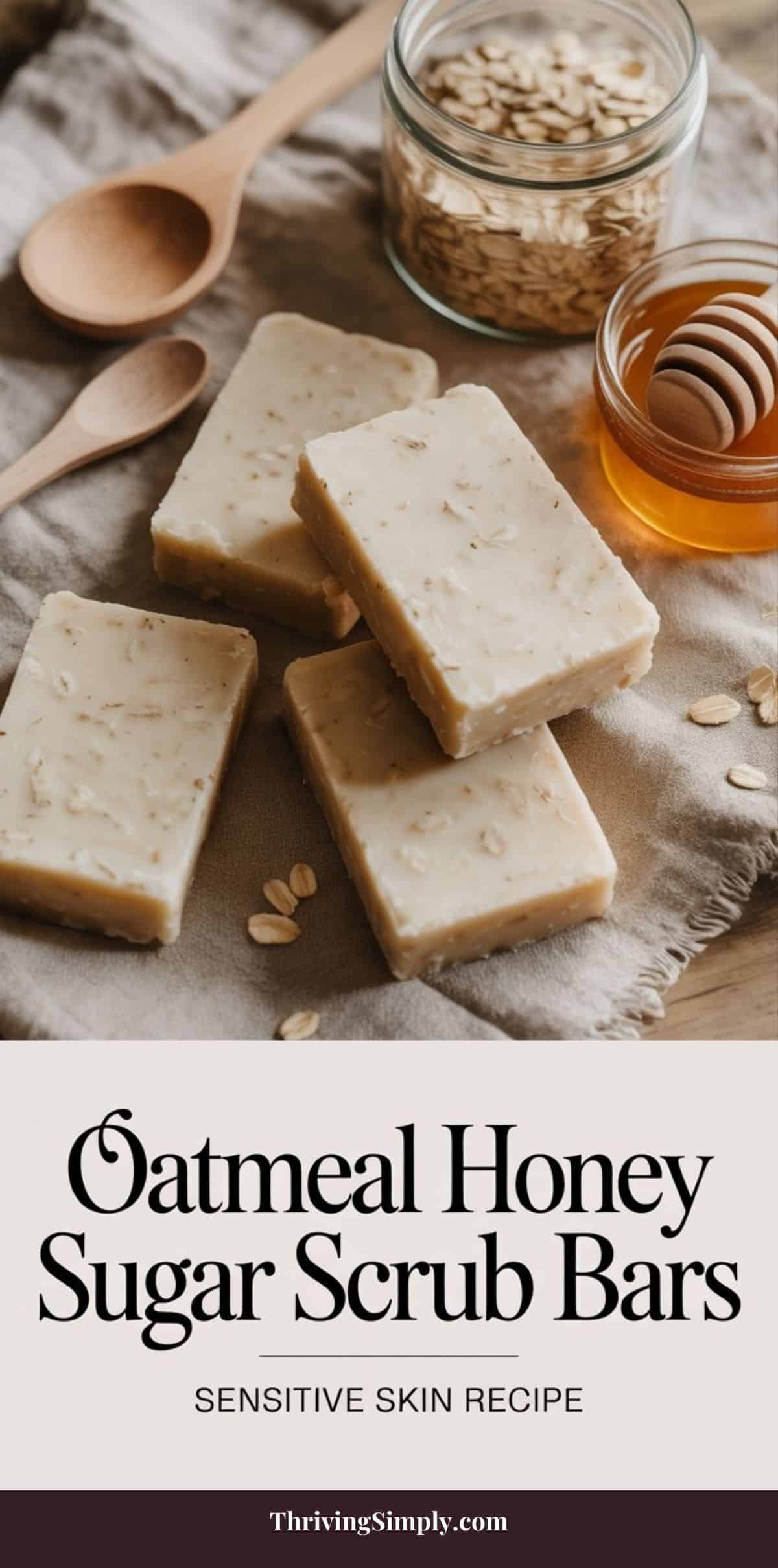Oatmeal Honey Sugar Scrub Bars stacked on a cloth surface, with a jar of oats, a bowl of honey, and wooden spoons nearby. Text reads: “Oatmeal Honey Sugar Scrub Bars—Sensitive Skin Recipe.” Perfect for gentle exfoliation!.
