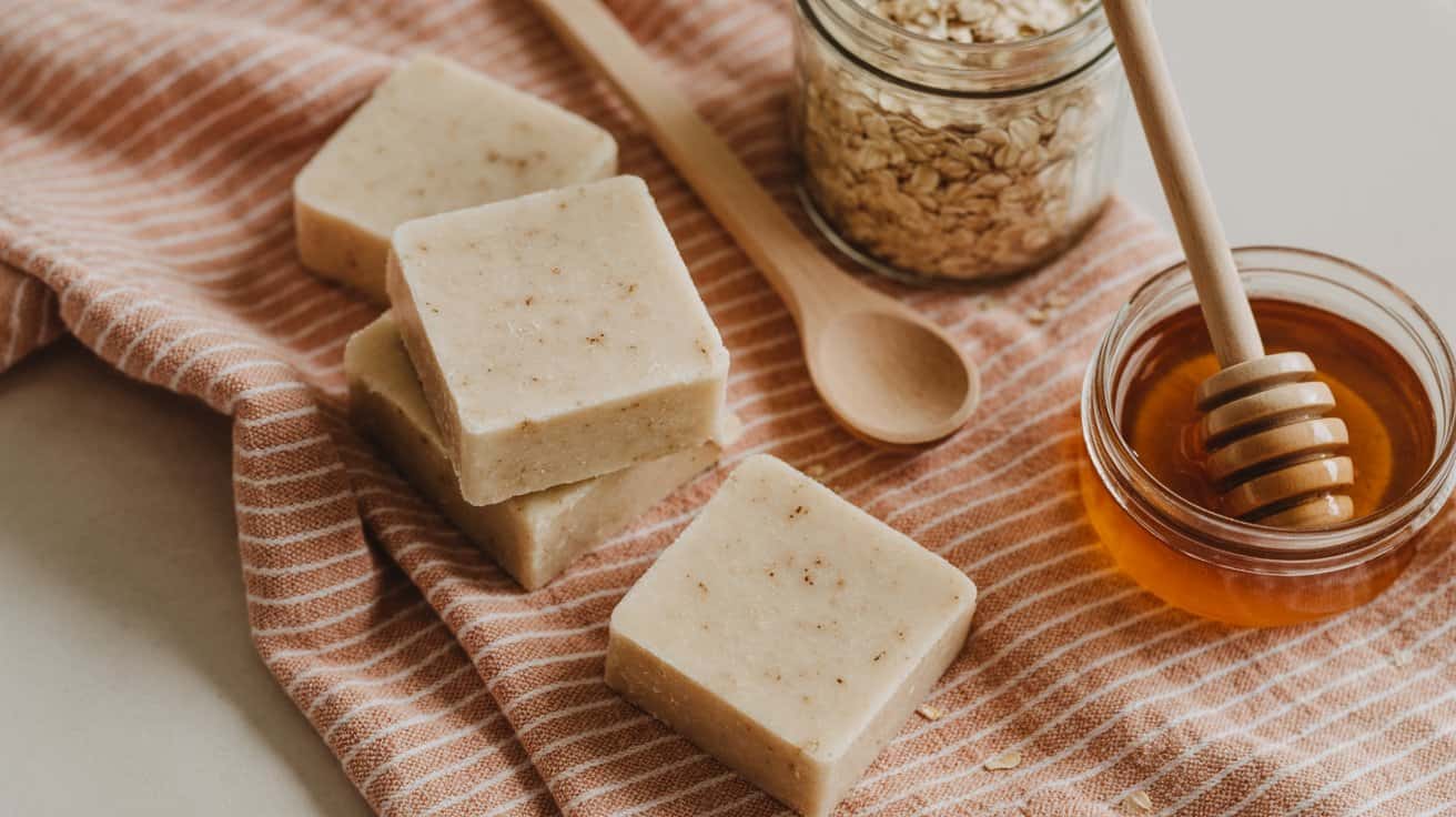 Three bars of handmade Oatmeal soap rest on a striped cloth beside a jar of oats, a wooden spoon, and a glass bowl of honey with a honey dipper, evoking a natural, homemade skincare vibe.