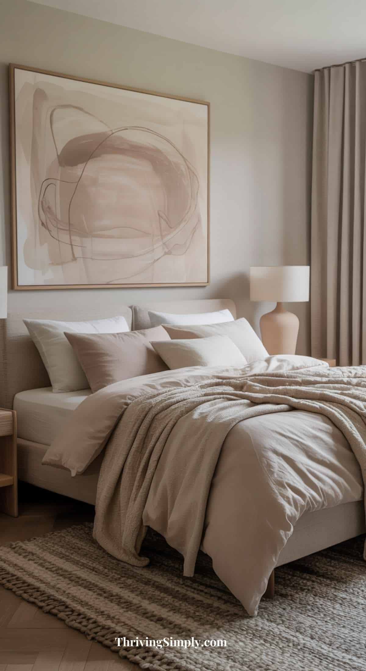 A cozy bedroom with a neatly made bed in neutral tones, textured throw blankets, and large abstract artwork above the headboard creates a restful bedroom retreat. Light streams in through floor-length curtains beside the bedside table and lamp.