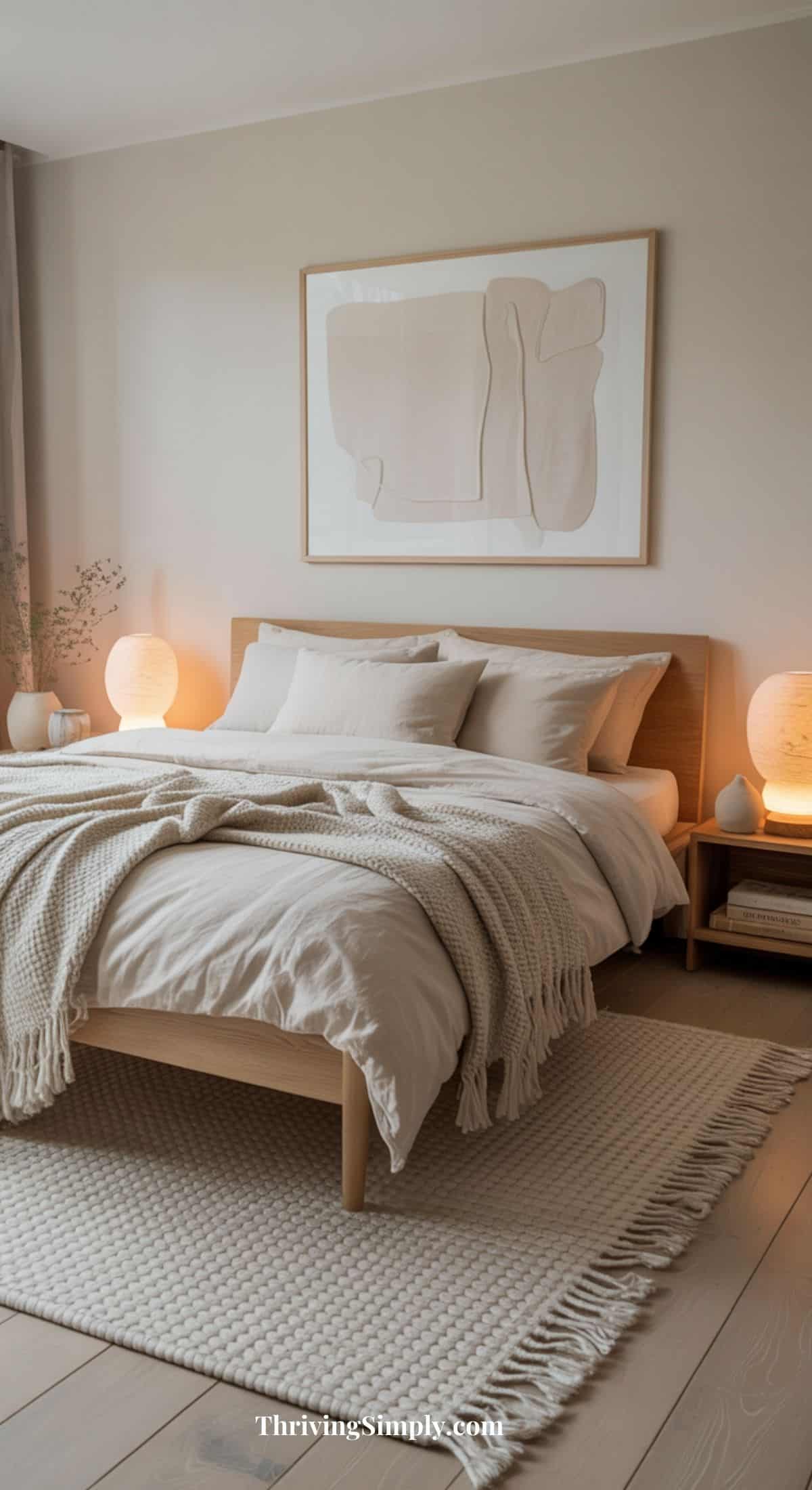 A cozy, minimalist bedroom with a wooden bed frame, cream bedding, knit blanket, and glowing lamps offers restful bedroom inspiration—perfect for those seeking cozy bedroom ideas and a serene, inviting atmosphere.