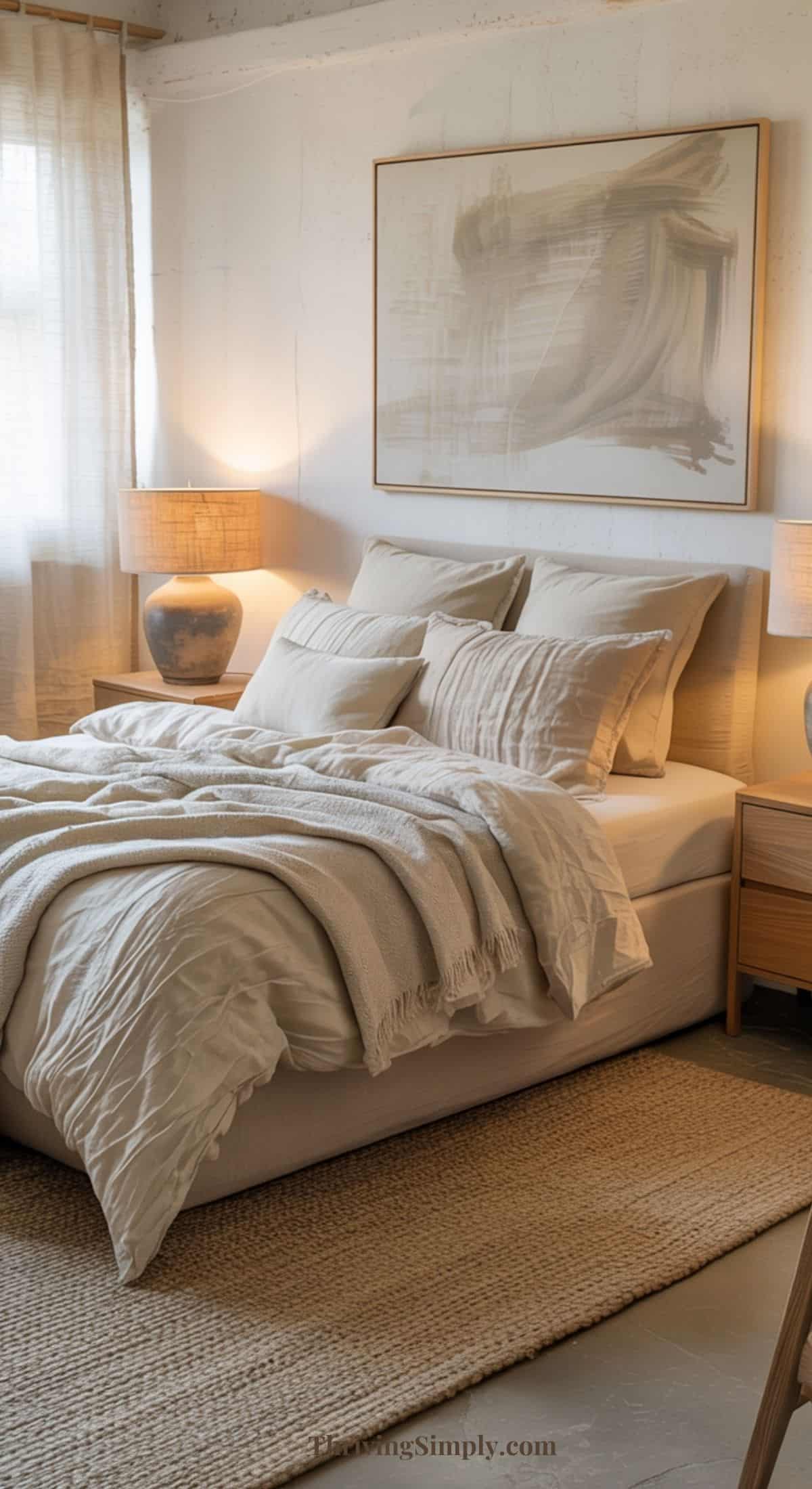 A cozy bedroom with a neatly made bed in beige and cream linens, two wooden nightstands with matching lamps, abstract wall art, and a woven rug on a light floor. Soft daylight filters through sheer curtains for restful bedroom vibes.