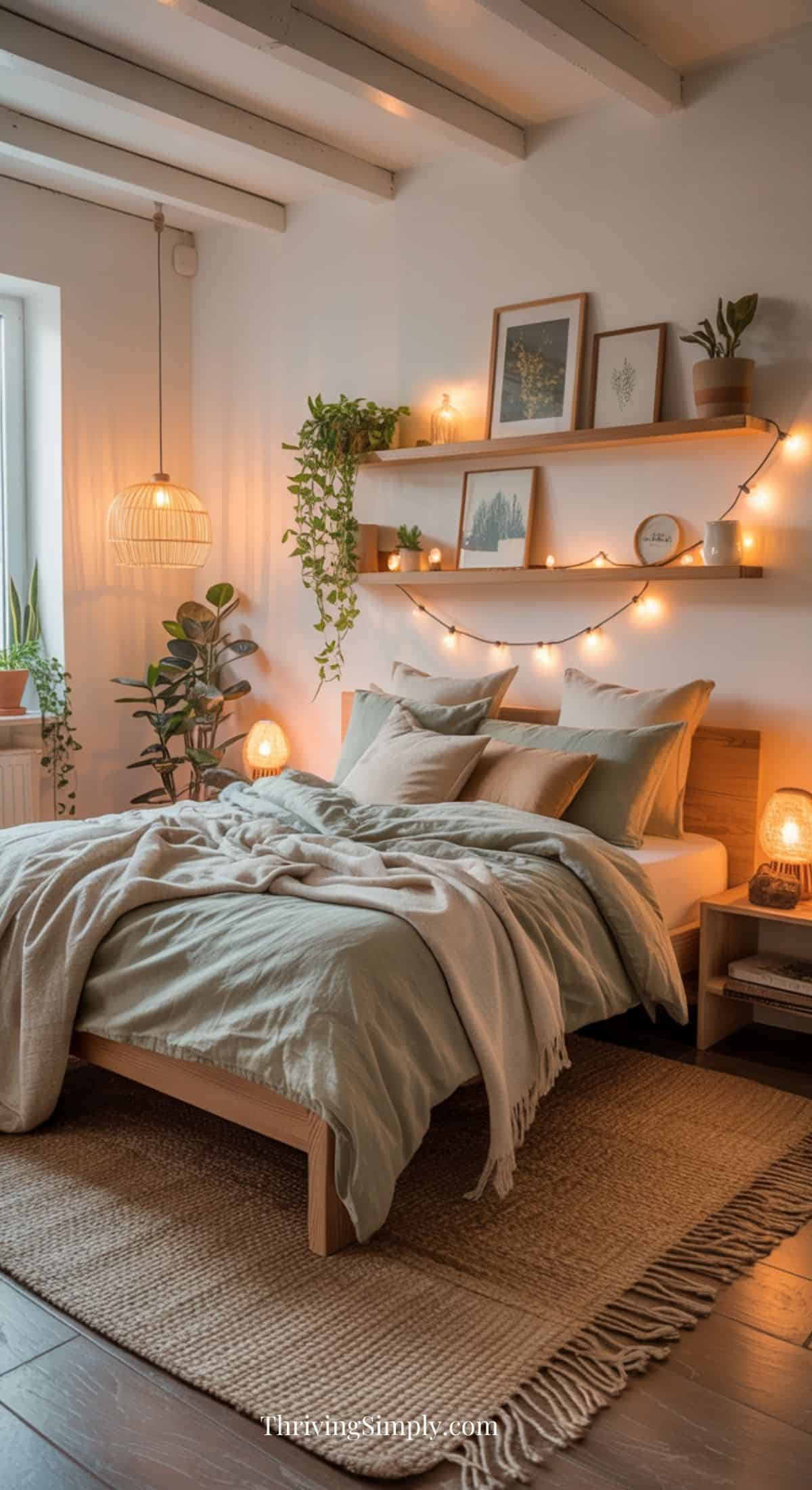 Cozy bedroom with a wooden bed, neutral bedding, and a beige throw. String lights and plants decorate shelves above the bed. Warm lamps, a woven rug, and wall art complete this restful bedroom inspired by cozy bedroom ideas.