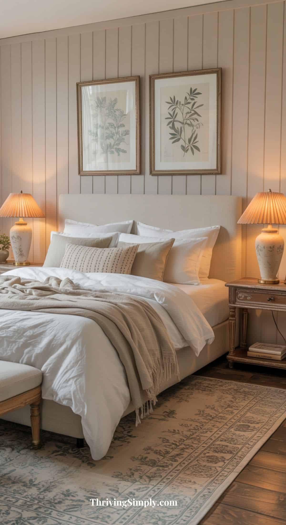 Cozy and restful bedroom with a neatly made bed, neutral bedding, beige throw blanket, two bedside tables with matching lamps, botanical prints on the wall, and a patterned rug on dark wood floors.
