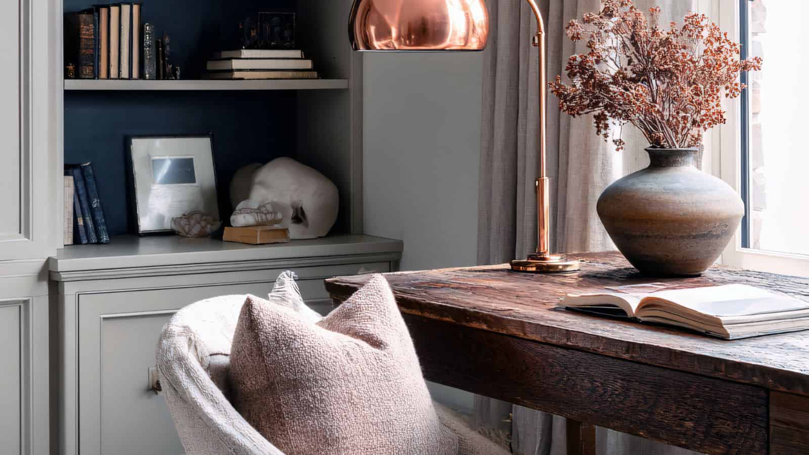 A cozy study nook designed for slow living, featuring a rustic wooden desk, open book, ceramic vase with dried flowers, rose gold desk lamp, cushioned chair, and bookshelves—softly lit by natural light from a nearby window.