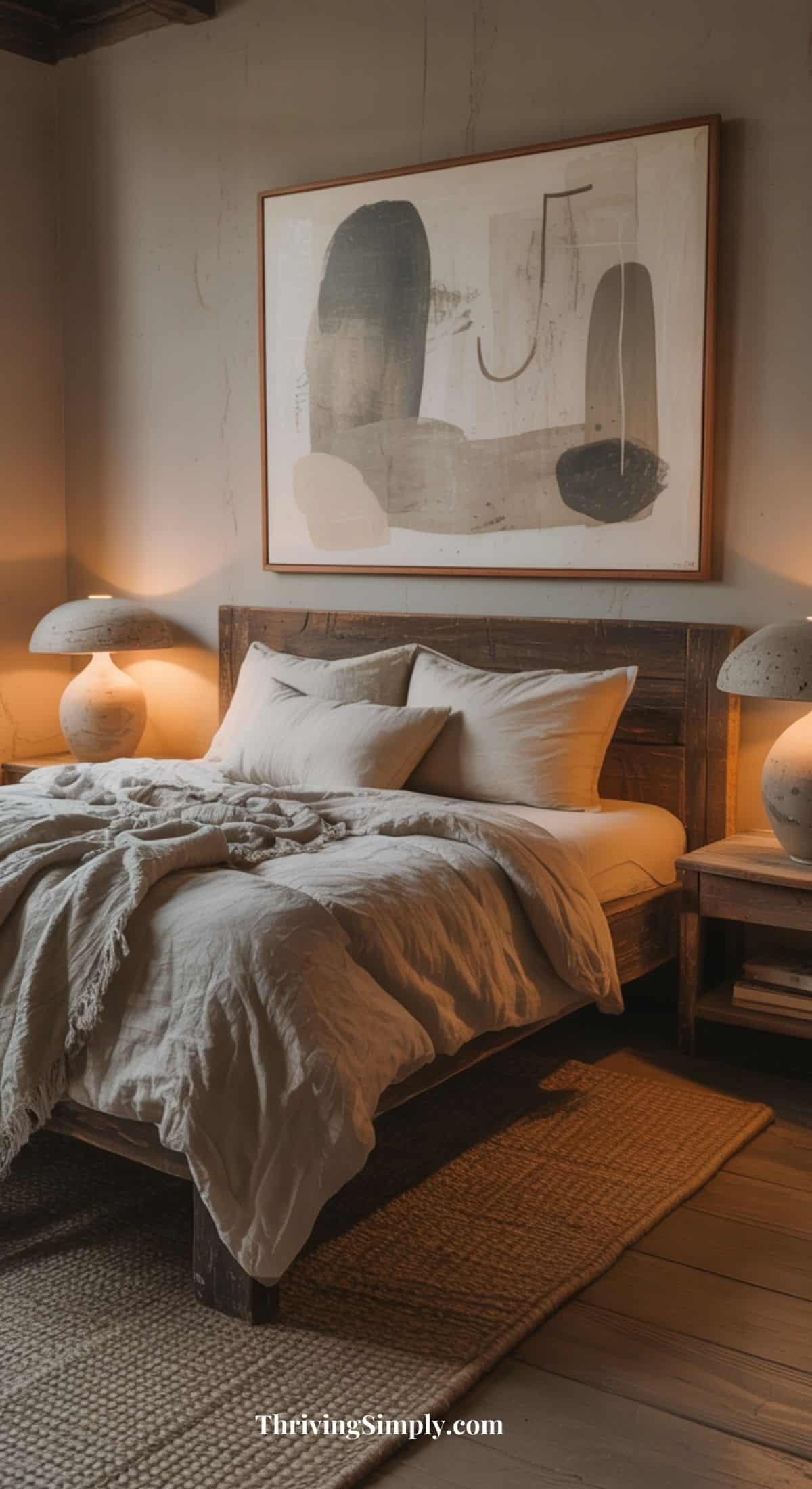 A cozy bedroom with a rustic wooden bed, neutral bedding, two bedside tables with matching lamps, a woven rug, and abstract art above the bed—perfect for hygge bedroom inspiration. Warm lighting creates a calm, inviting atmosphere.