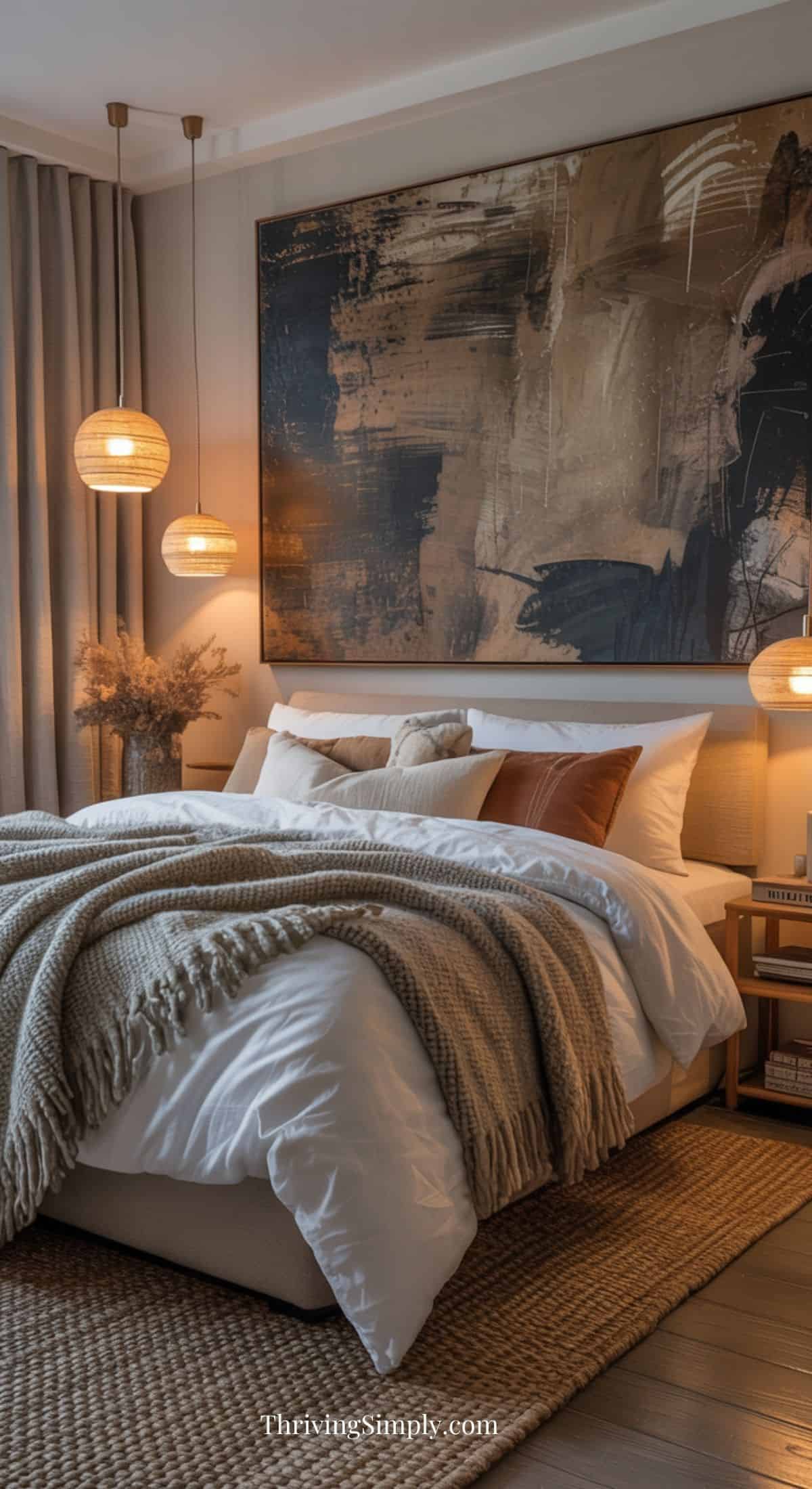 A cozy bedroom with a neatly made bed, soft neutral bedding, a chunky knit throw, warm-toned pillows, modern pendant lights, and restful bedroom touches like a large abstract painting and natural decor accents—perfect for Hygge bedroom inspiration.