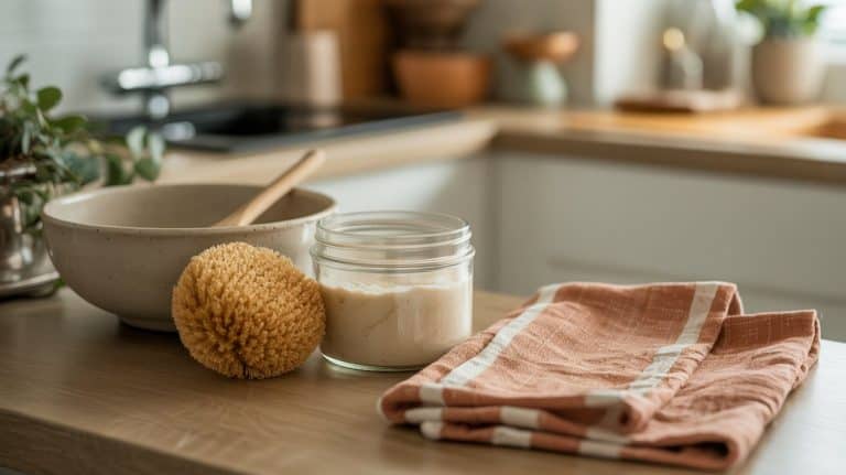 A kitchen counter with a sponge, a jar of soap, a ceramic bowl with a brush for a gentle scrub, and two orange-striped dish towels, with a sink and plants visible in the blurred background—perfect for kitchens and bathrooms.