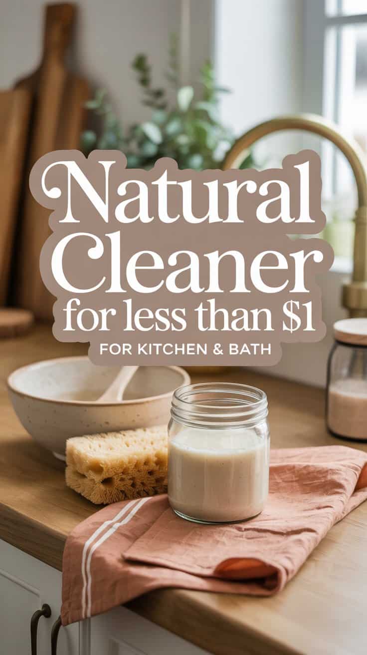 A jar of DIY cleaner sits on an orange cloth beside a sponge and bowl on a kitchen counter, with text overlay: Natural Cleaner for less than $1 for kitchen & bath. A plant and cutting boards are in the background.