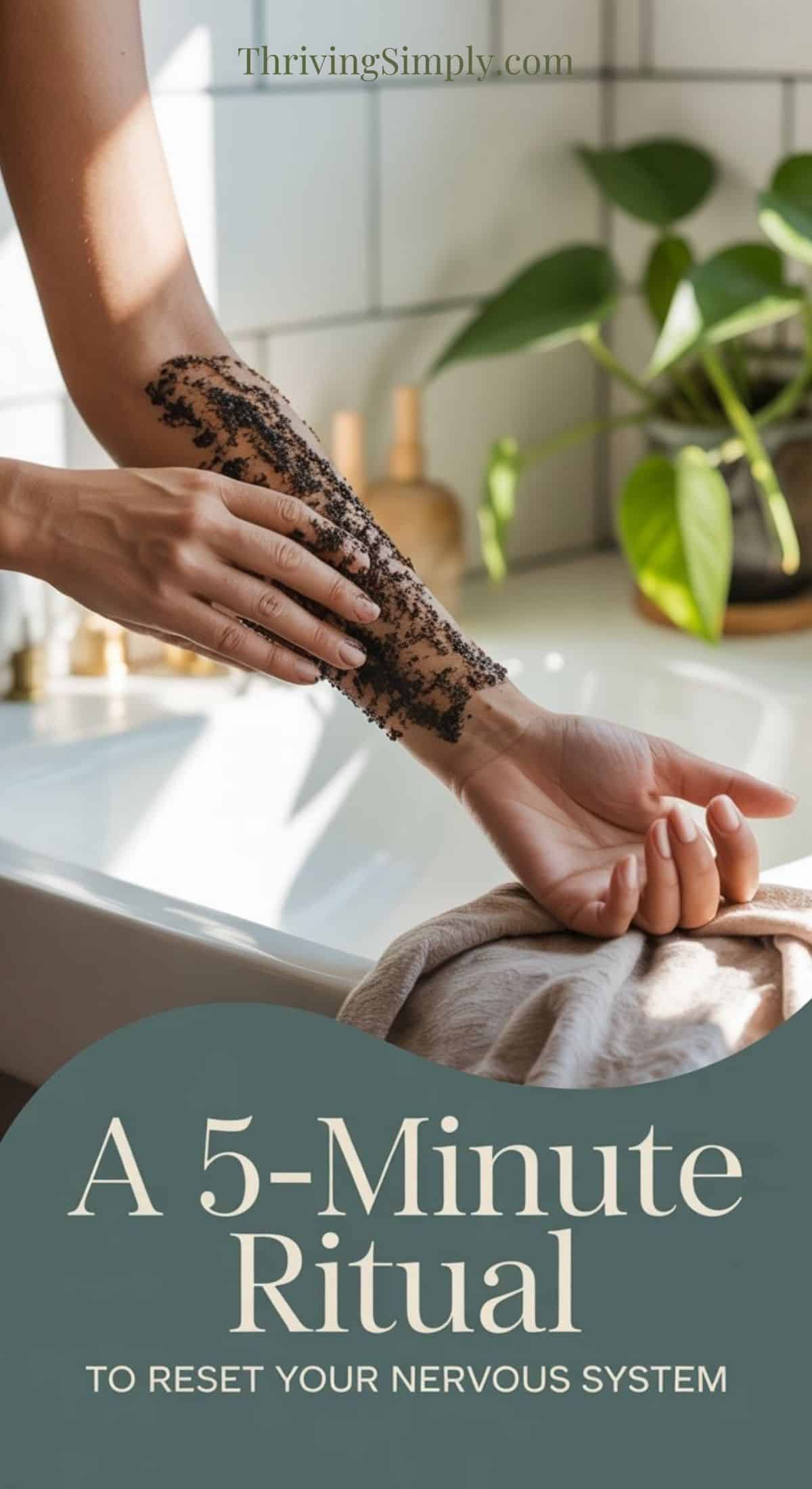 A person exfoliates their forearm with a cardamom scrub in a sunlit bathroom, with a green plant and sink in the background. Text reads: “A 5-Minute Ritual to Reset Your Nervous System.”.