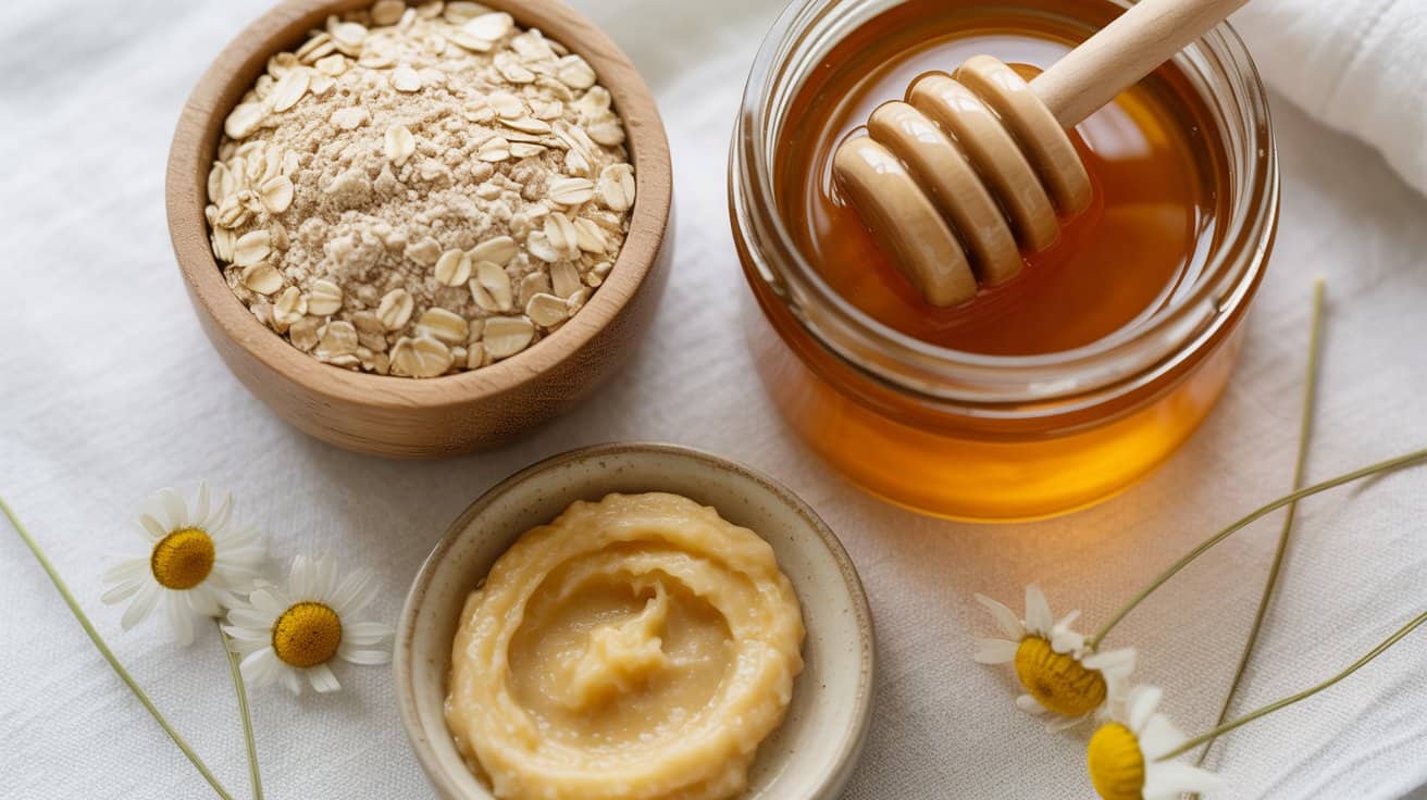 A wooden bowl of oats and honey, a small ceramic dish of creamy face polish, and a jar of honey with a dipper rest on a white cloth adorned with chamomile flowers—perfect for nourishing your skin and supporting your microbiome.
