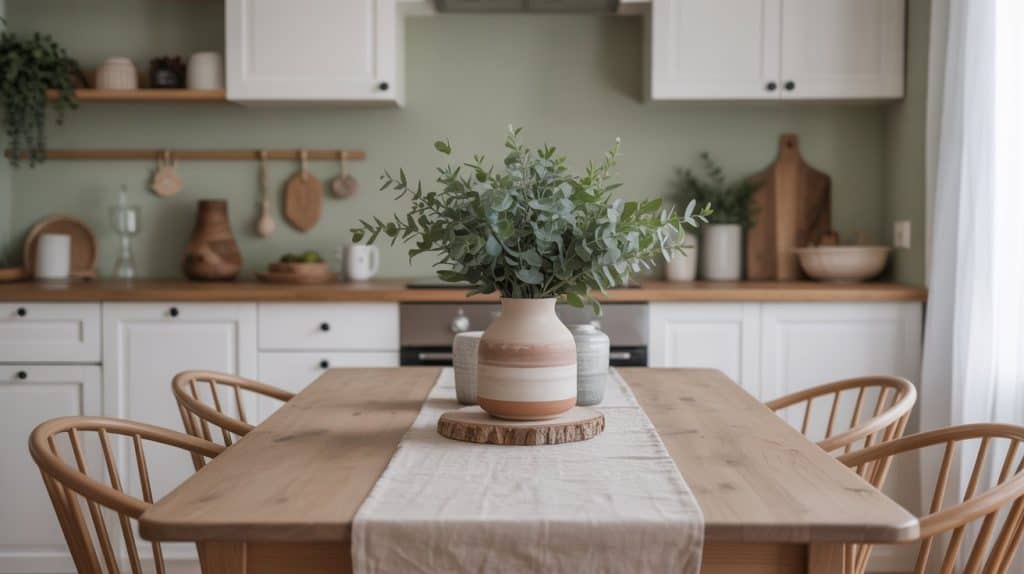 A cozy, calm kitchen with white cabinets, wooden countertops, and a dining table perfect for a small space. The table features a light runner and a ceramic vase with green foliage. Four wooden chairs surround it as natural light fills the room.