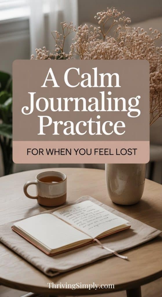 A cozy table with a journal, pen, cup of coffee, and vase of dried flowers, with text reading “A Calm Journaling Practice for When You Feel Lost.” Sunlight filters through a window—perfect for finding clarity when you’re feeling stuck.