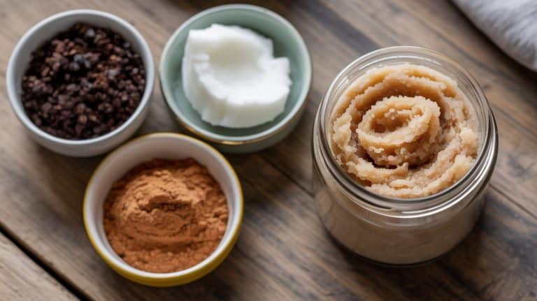 A glass jar of homemade body scrub sits on a wooden table, surrounded by small bowls containing cocoa powder, coconut oil, coffee grounds, and cardamom, evoking an invigorating treat for your skin and nervous system.