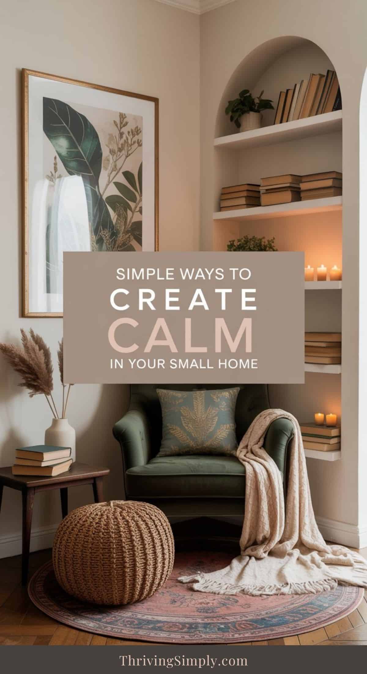 A cozy reading nook with an armchair, throw blanket, round pouf, side table, houseplant, arched shelves with books and candles, and botanical wall art creates calm in your small space. Text overlay reads: Simple ways to create calm in your small home.