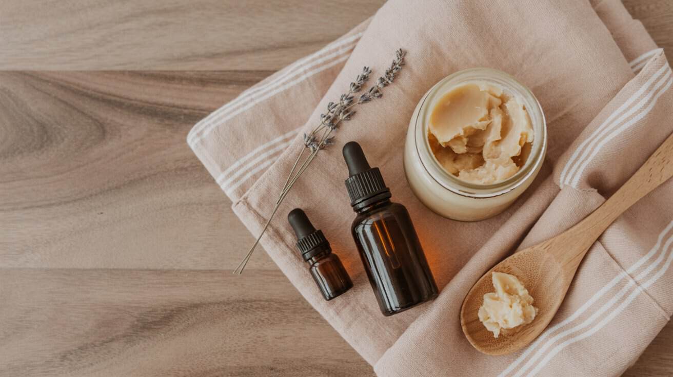 A jar of creamy balm, two brown dropper bottles, a wooden spoon with balm, and a sprig of lavender rest on a folded beige cloth atop a wooden surface.