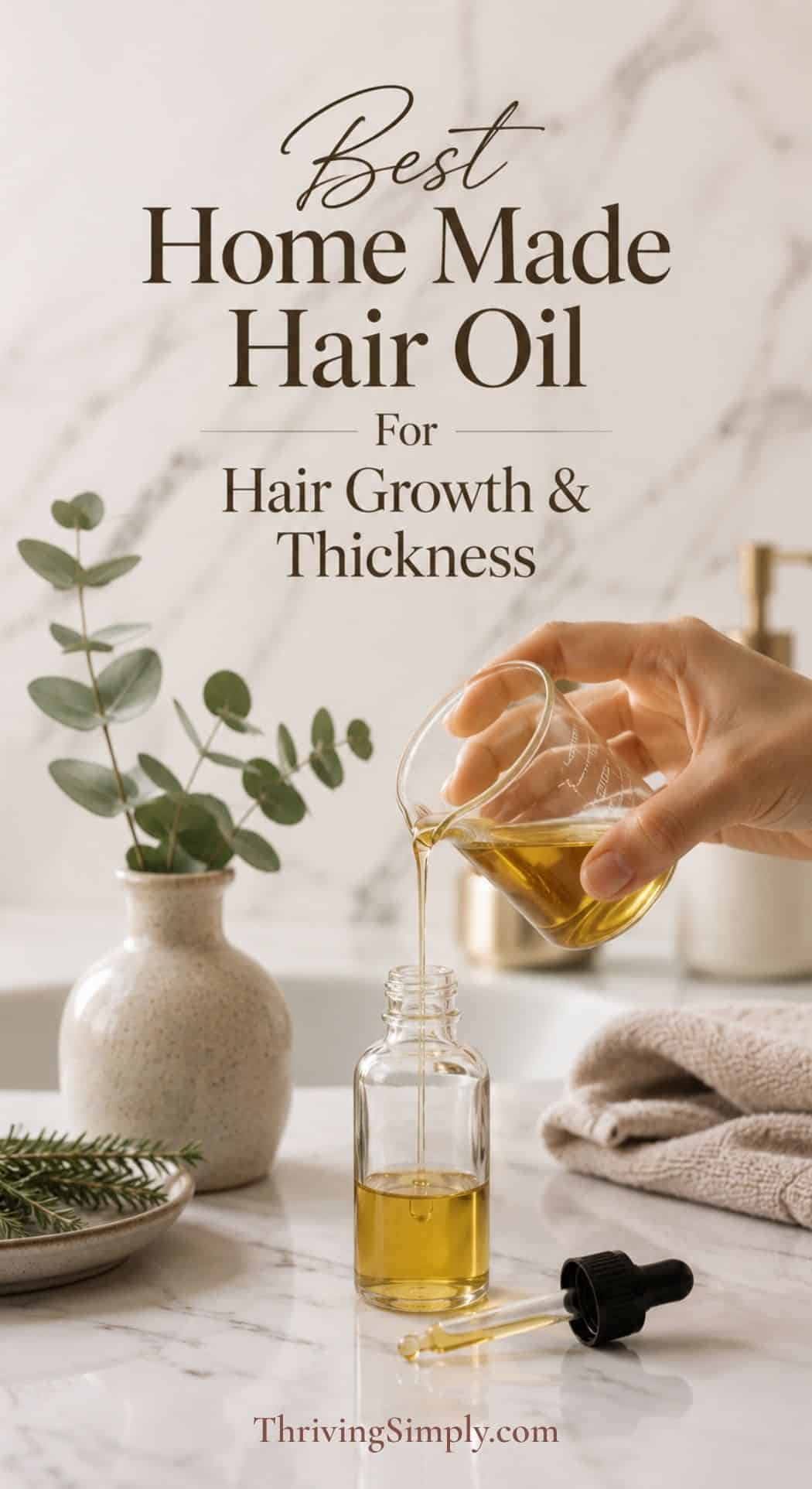 A hand pours golden DIY Scalp Oil for Hair Growth from a small glass pitcher into a dropper bottle on a marble surface, with green leaves and a towel in the background. Text reads: Best Home Made Hair Oil for Hair Growth & Thickness.