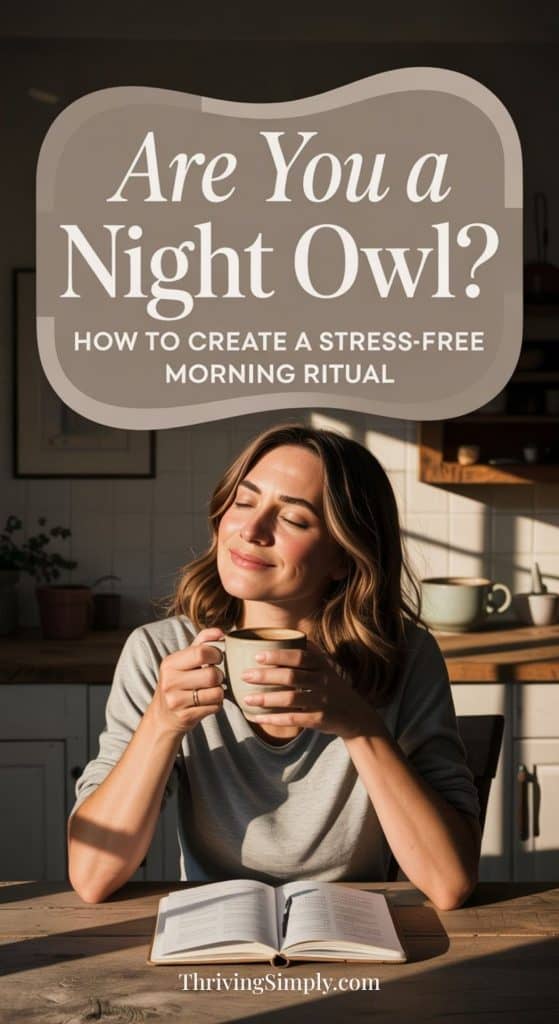 A woman sits at a kitchen table, eyes closed and smiling as she enjoys a cup of coffee. Text above her reads, Are You a Night Owl? How to Create a Slow Morning Routine for Stress-Free Mornings.