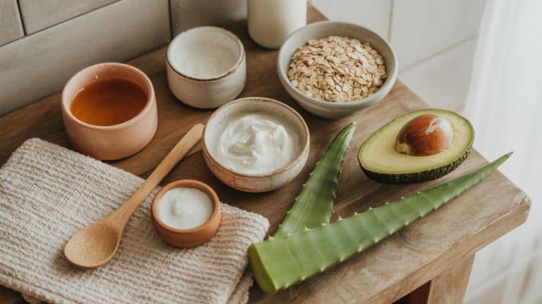 A wooden table with a bowl of honey, oats, a halved avocado, fresh aloe vera leaves, jar of yogurt, cream, wooden spoon, and cloth—perfect for creating your own DIY face mask to soothe stressed skin.