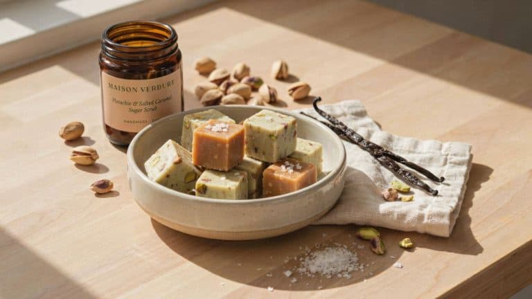 A ceramic bowl with cubes of pistachio and salted caramel sweets sits on a wooden table. Beside it are scattered pistachios, a glass jar labeled “Maison Verdure,” two vanilla beans, and a linen cloth.